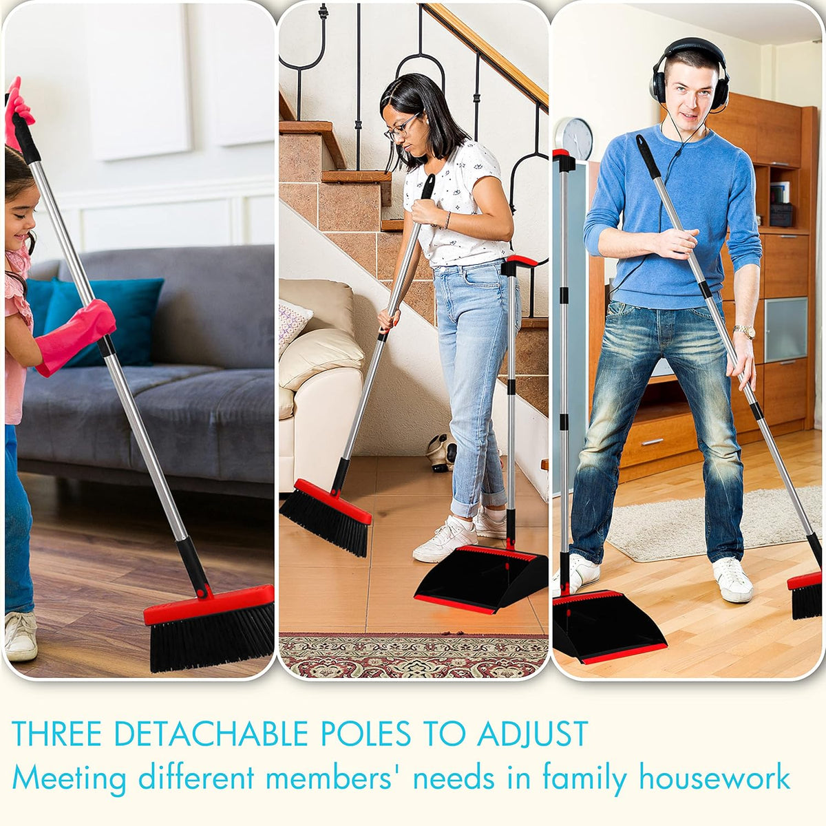 PHYEX 2-Pack Broom and Dustpan Combo Set, with 48" Adjustable Long Stainless Handles, Stand Up