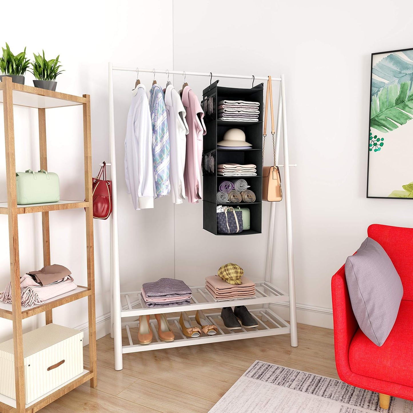 MAX Houser 5-Shelf Hanging Closet Organizer,Space Saver, Cloth Hanging Shelves with 4 Side