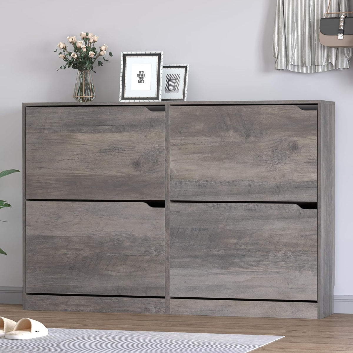 Shoe Cabinet with 4 Flip Drawers, Narrow Hidden Shoe Storage Cabinet, Slim Freestanding Shoe Rack