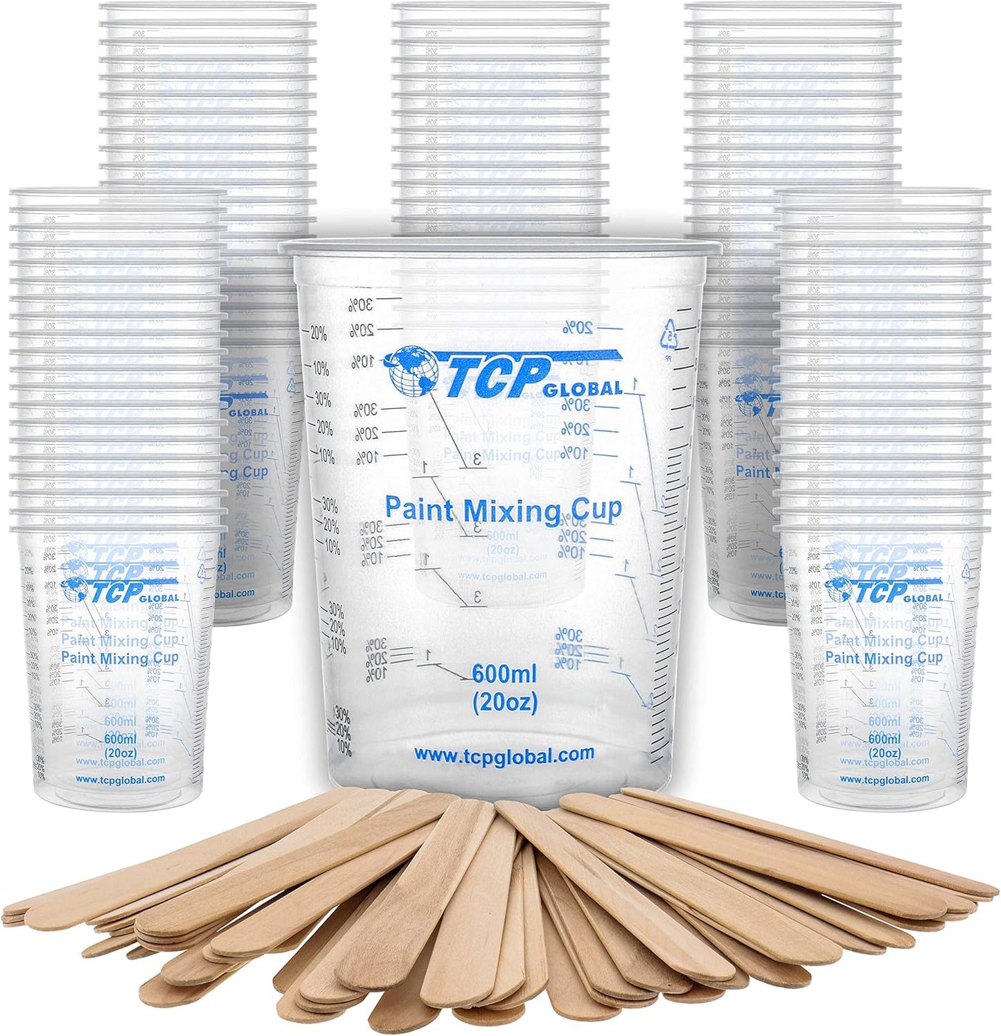 TCP Global 20 oz. (600ml) Graduated Plastic Mixing Cups - Box of 100 with 50 Mixing Sticks