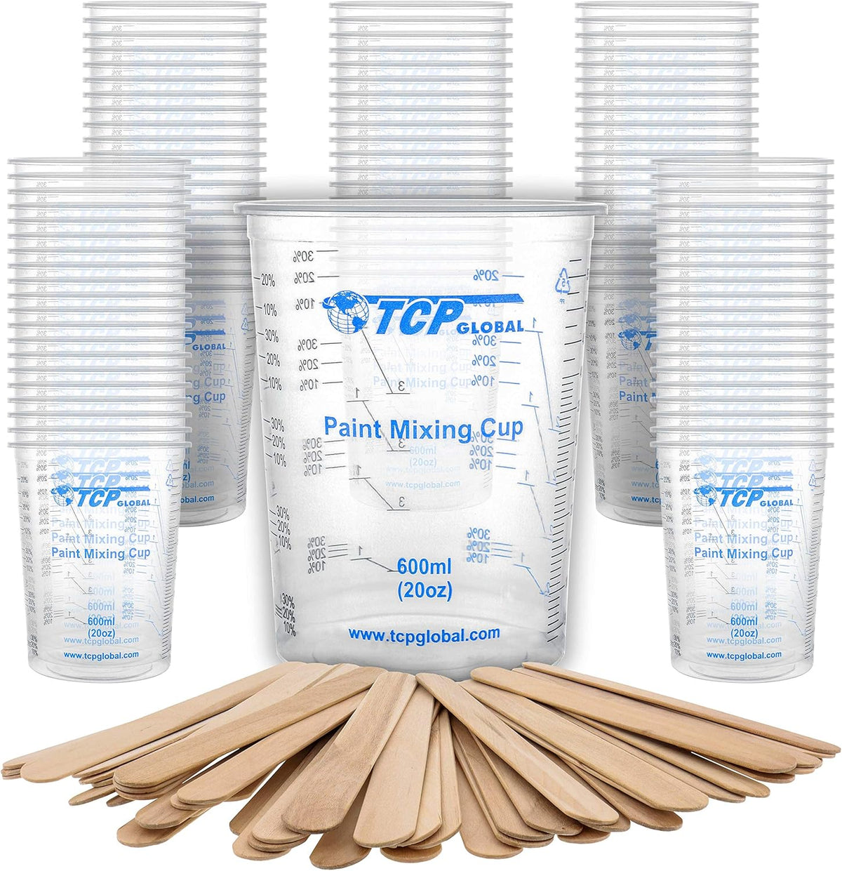 TCP Global 20 oz. (600ml) Graduated Plastic Mixing Cups - Box of 100 with 50 Mixing Sticks
