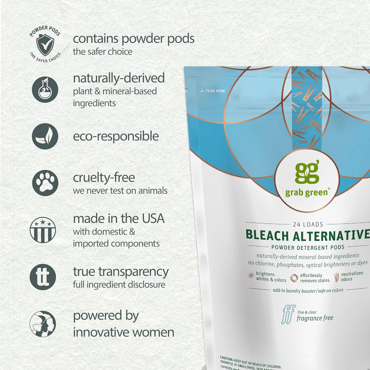 Grab Green Bleach Alternative Pods, 60 Count, Chlorine Free, Fragrance Free, Plant and Mineral