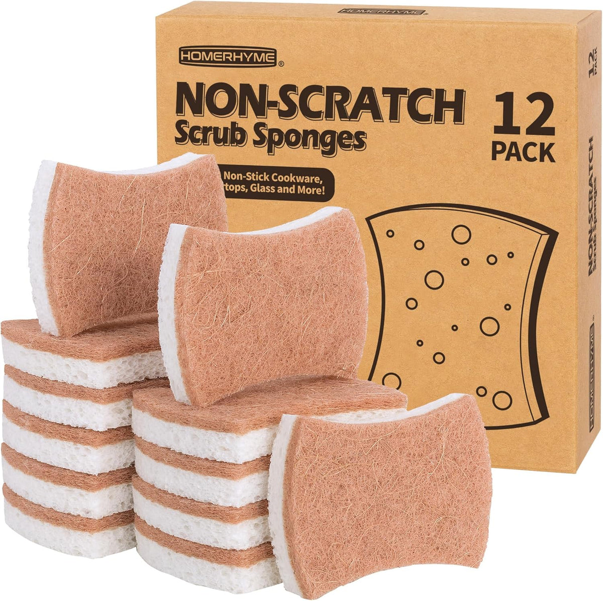 HOMERHYME Natural Dish Sponge 12 Pack, Non-Scratch Scrub Kitchen Sponge, Eco Multipurpose
