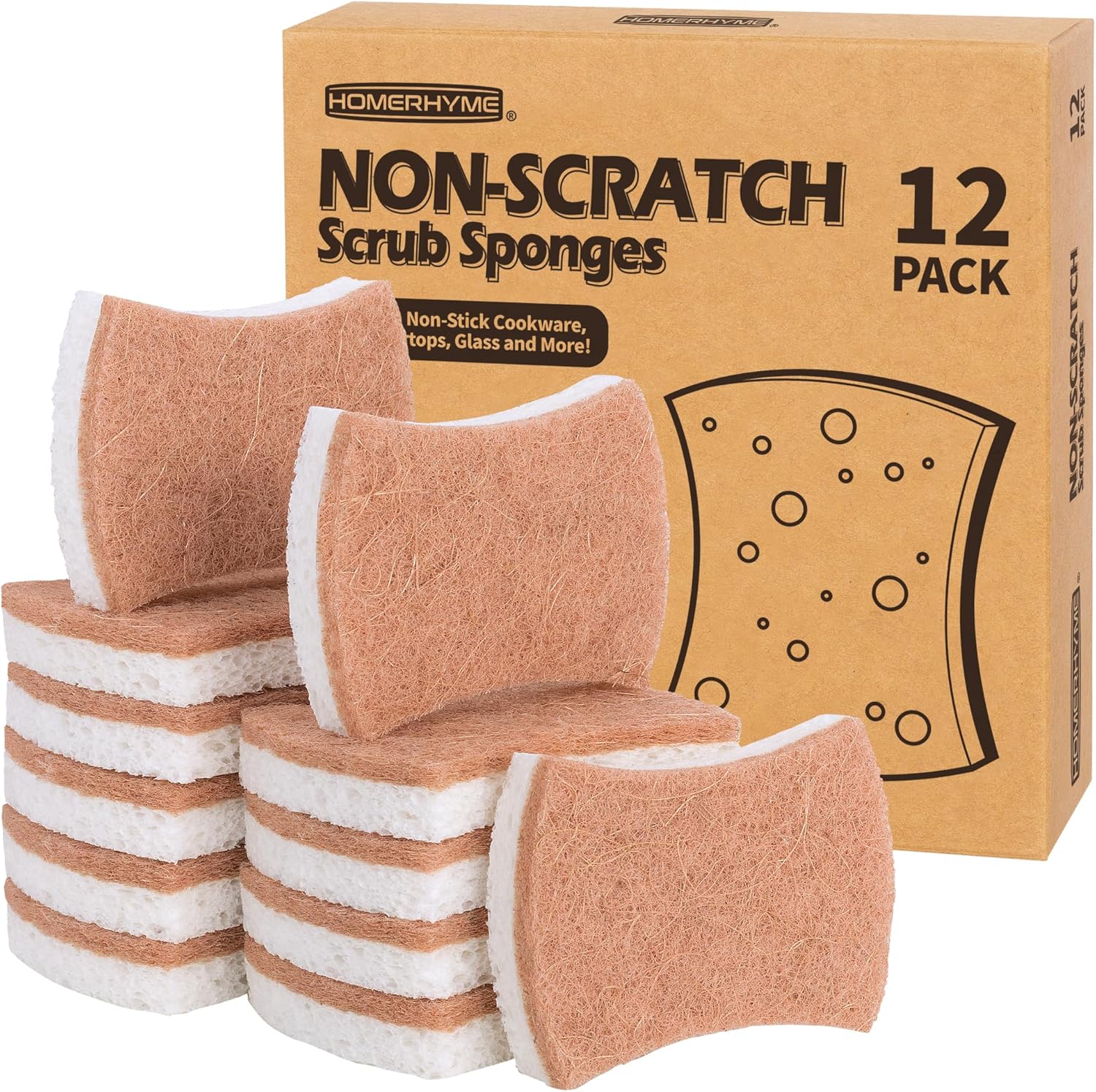 HOMERHYME Natural Dish Sponge 12 Pack, Non-Scratch Scrub Kitchen Sponge, Eco Multipurpose