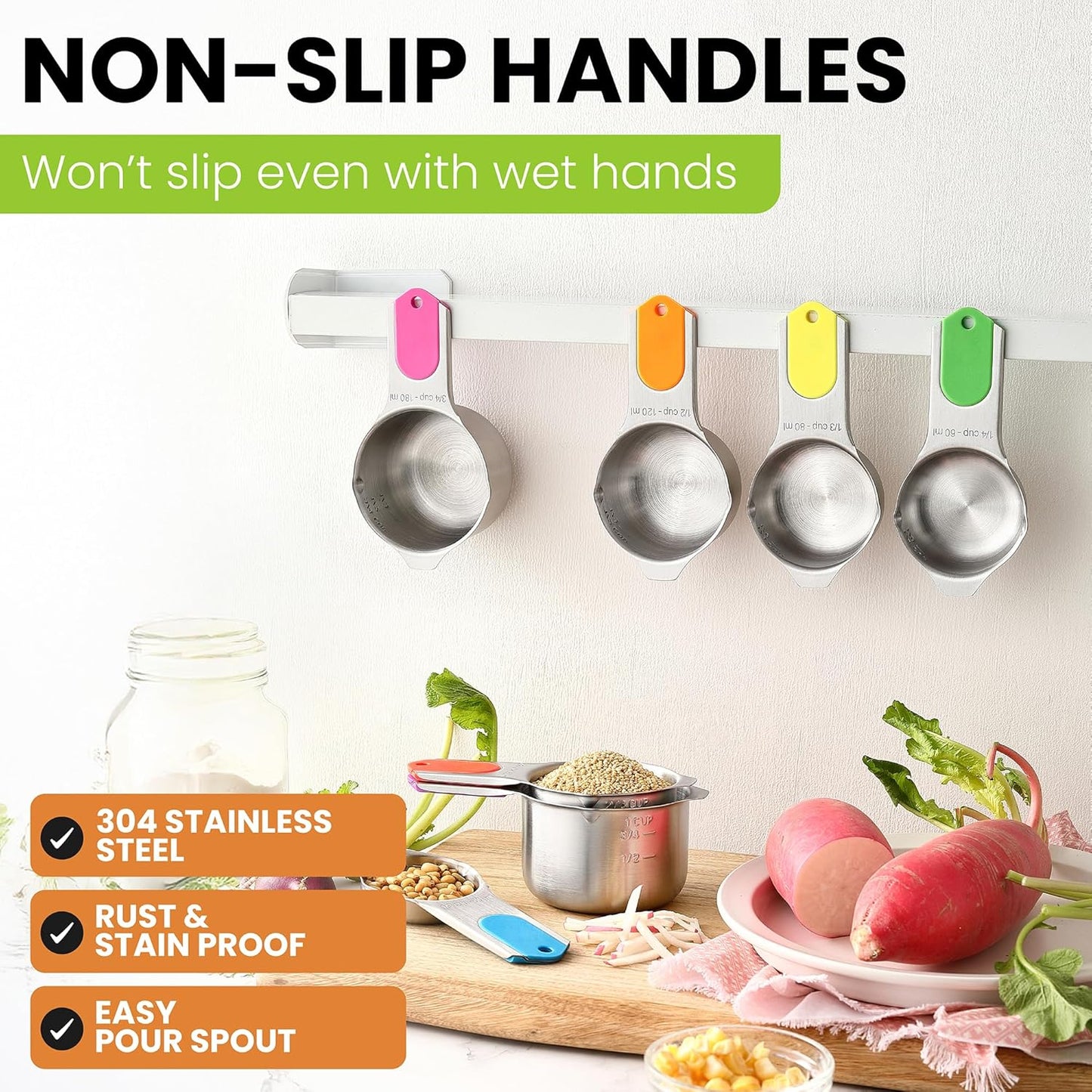 Spring Chef Magnetic Stainless Steel Measuring Cups, Patented, Kitchen Tools with Easy to Read