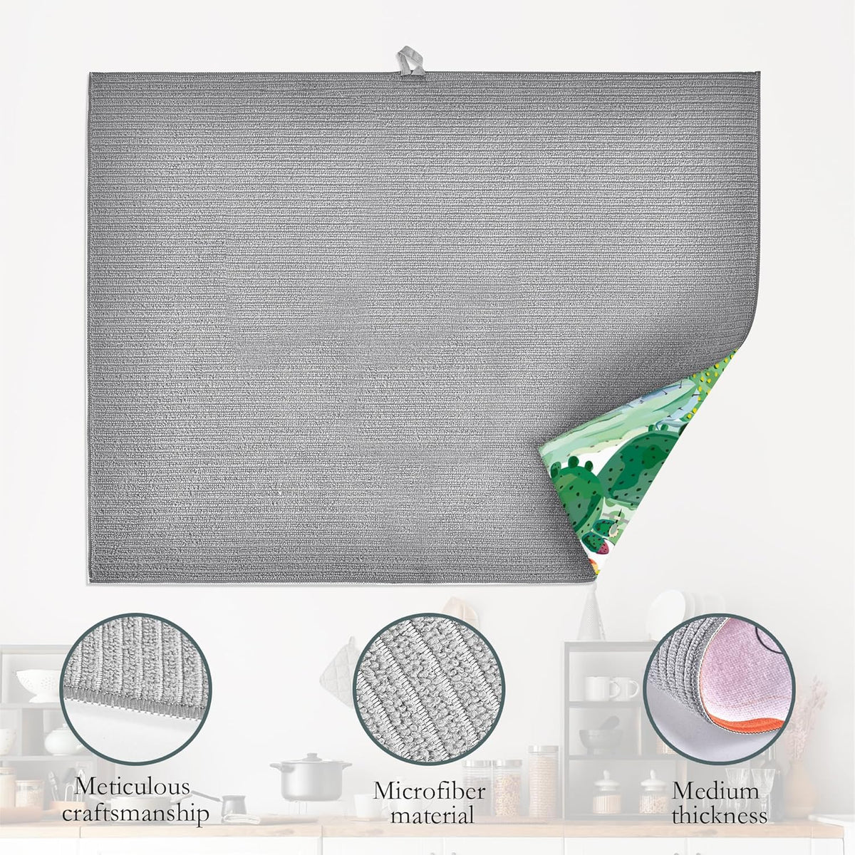 Green Cactus Dish Drying Mat, Tropical Plant Drying Rack Pad Countertop Dishes Ultra Absorbent