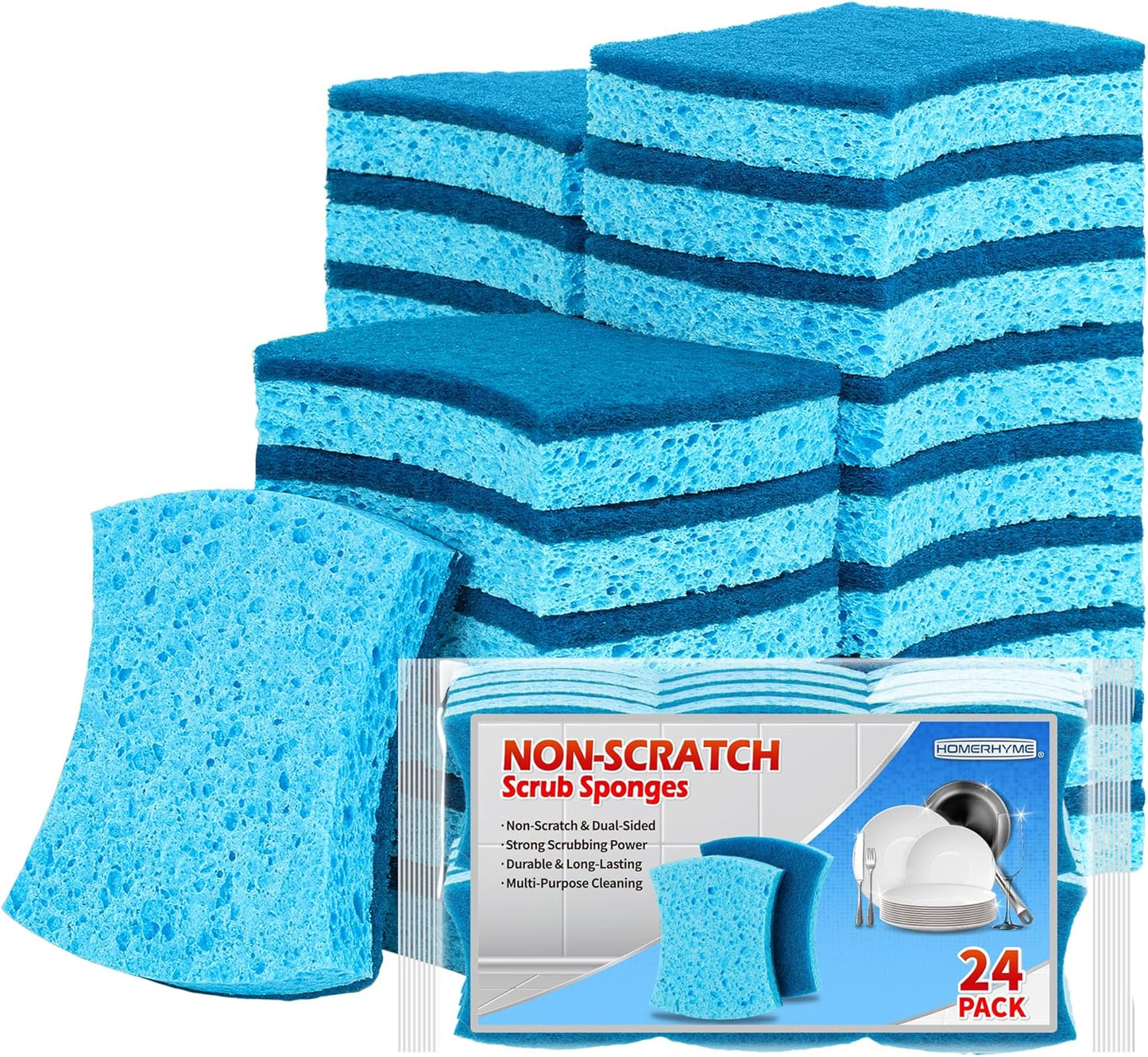 HOMERHYME Non-Scratch Cellulose Scrub Sponges 24 Pack, Kitchen Sponge with Double-Side & Ergonomic