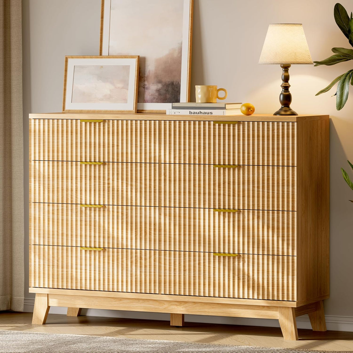 Fluted Dresser with 8 Drawers, 54" Wide Modern Chest of Drawers with Metal Handle, Wooden Dresser