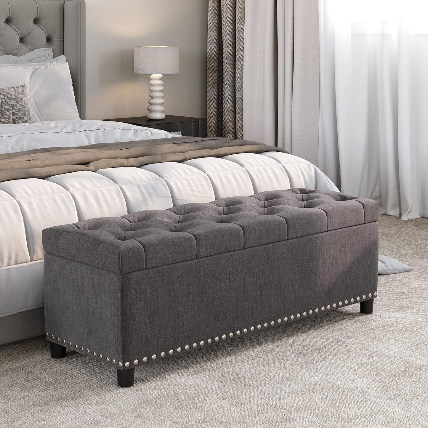 BELLEZE 47" Storage Ottoman, Storage Bench with Safety Close Hinge, Linen Button-Tufted Ottoman for