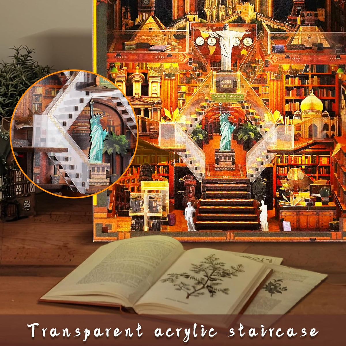 Book Nook Kits for Adults – The World Library Booknook – 3D Wooden Puzzle with LED Lights