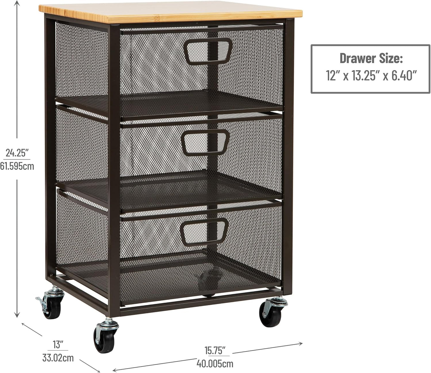 Mind Reader 3-Drawer Rolling Storage Cart, Office Organizer with Wood Top, Multipurpose Portable