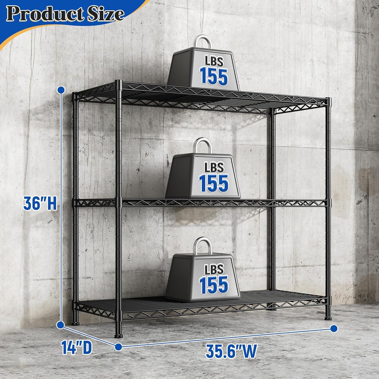 3- Shelf Metal Shelving Unit 35.6Wx14Dx36H Adjustable Storage Shelves Heavy Duty Garage Shelving