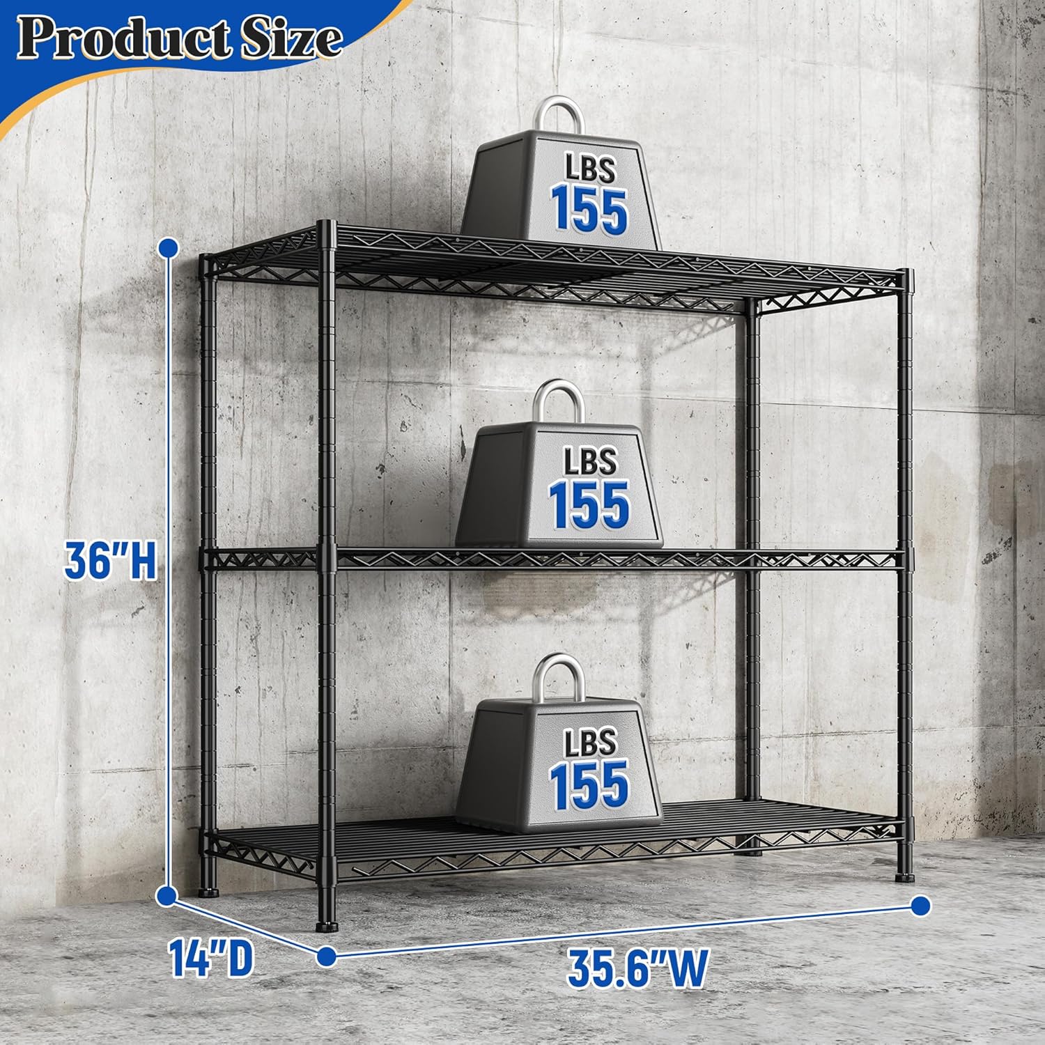 3- Shelf Metal Shelving Unit 35.6Wx14Dx36H Adjustable Storage Shelves Heavy Duty Garage Shelving