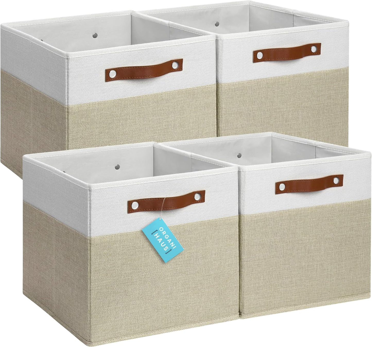 OrganiHaus 12x12 Fabric Storage Bins - Set of 4, Cube Fabric Organizer Bins with Vegan Handles