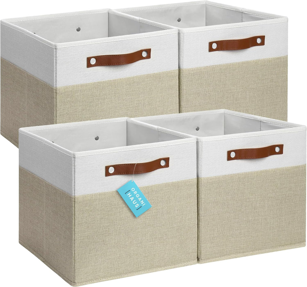 OrganiHaus 12x12 Fabric Storage Bins - Set of 4, Cube Fabric Organizer Bins with Vegan Handles