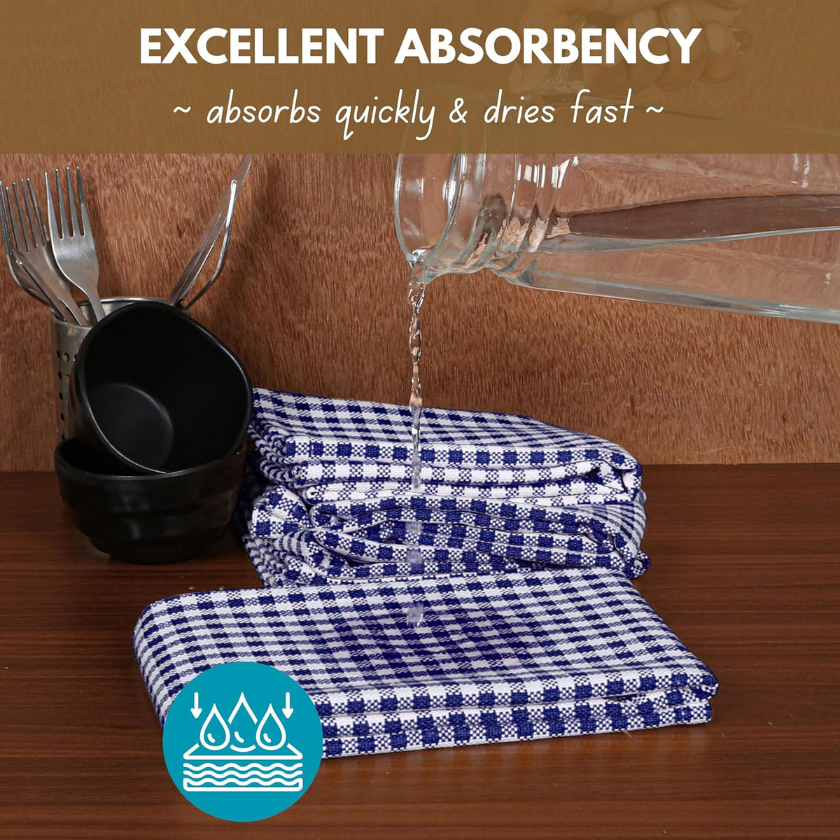 Native Fab 6 Pack Gingham Mini Check Kitchen Hand Towels Set 16"x26" - 100% Cotton Absorbent