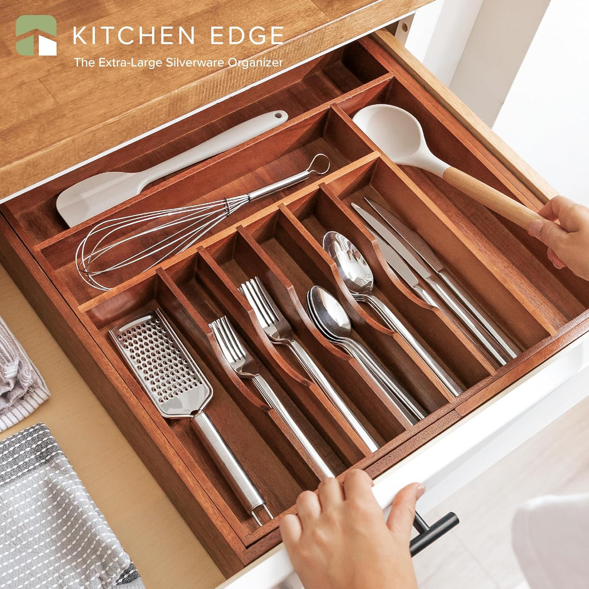 KitchenEdge Premium Silverware, Flatware and Utensil Organizer for Kitchen Drawers, Food-Safe