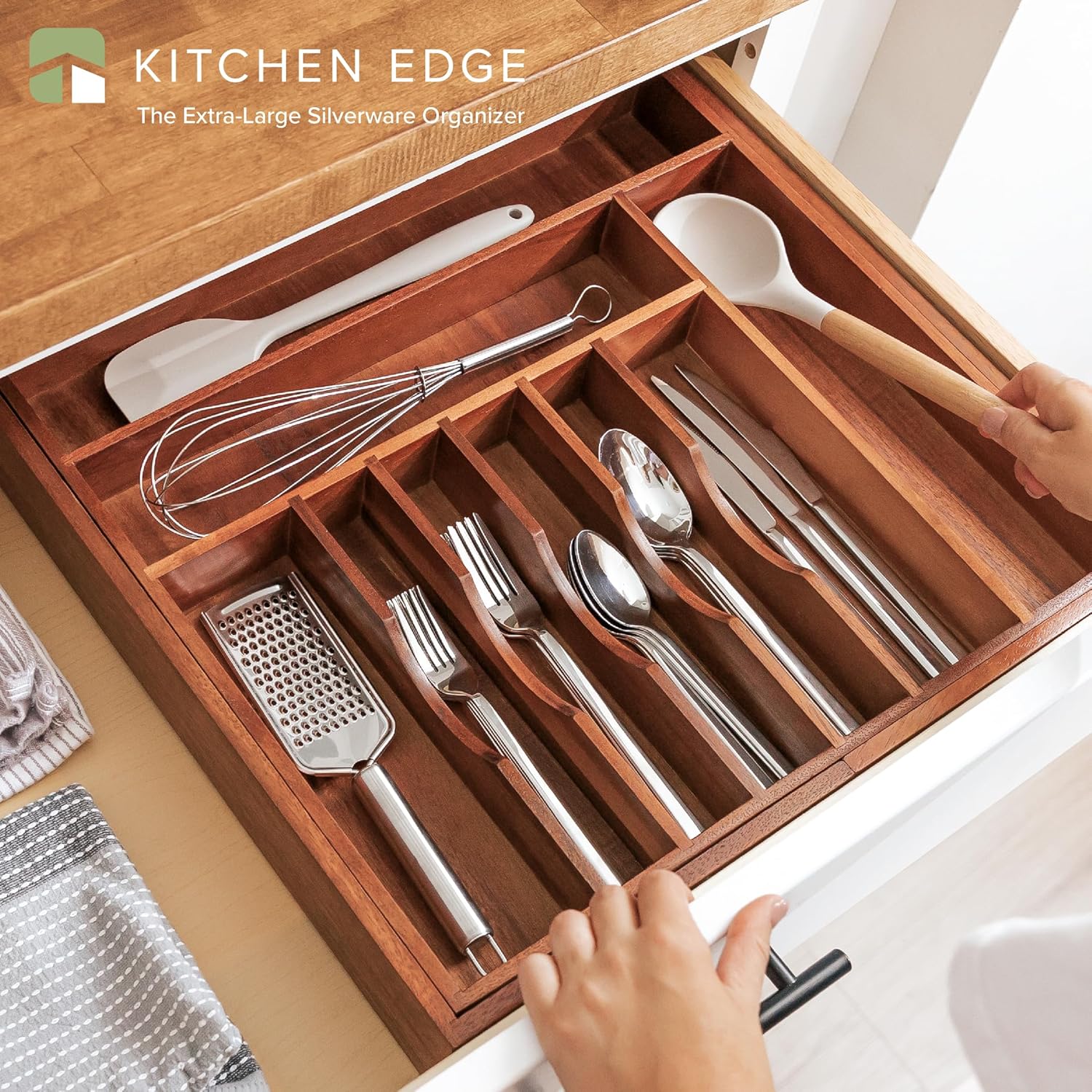 KitchenEdge Premium Silverware, Flatware and Utensil Organizer for Kitchen Drawers, Food-Safe
