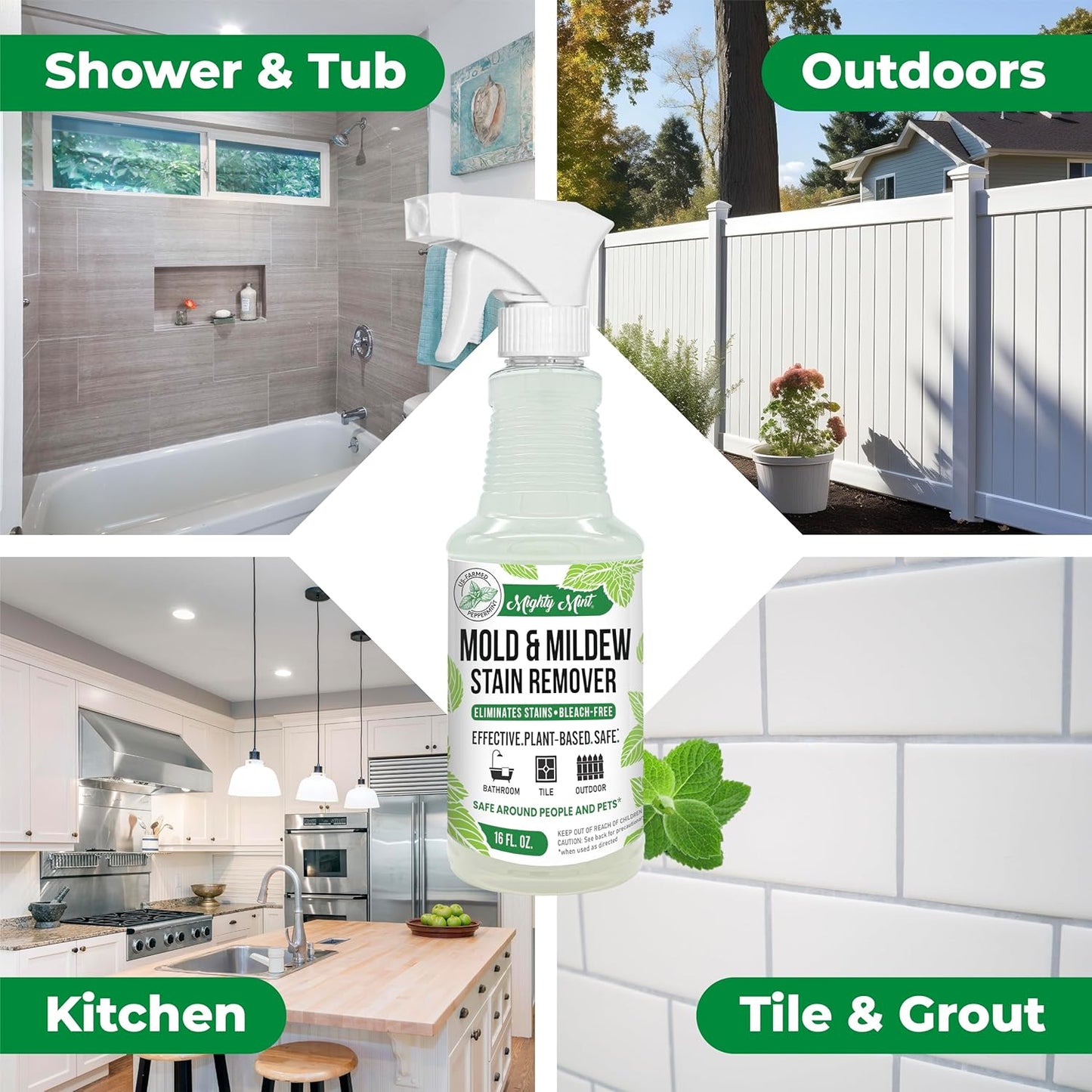 Mighty Mint Mold & Mildew Stain Remover Spray, Rapid Clean for Bathroom, Kitchen, Hard Water