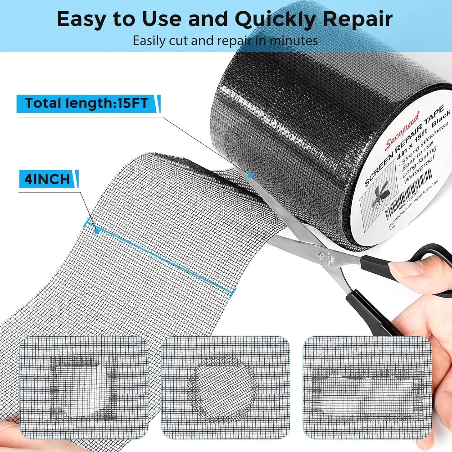 Black Window Screen Repair Tape, 4 in X 15 FT (180IN) Screen Repair Kit for Windows or Doors