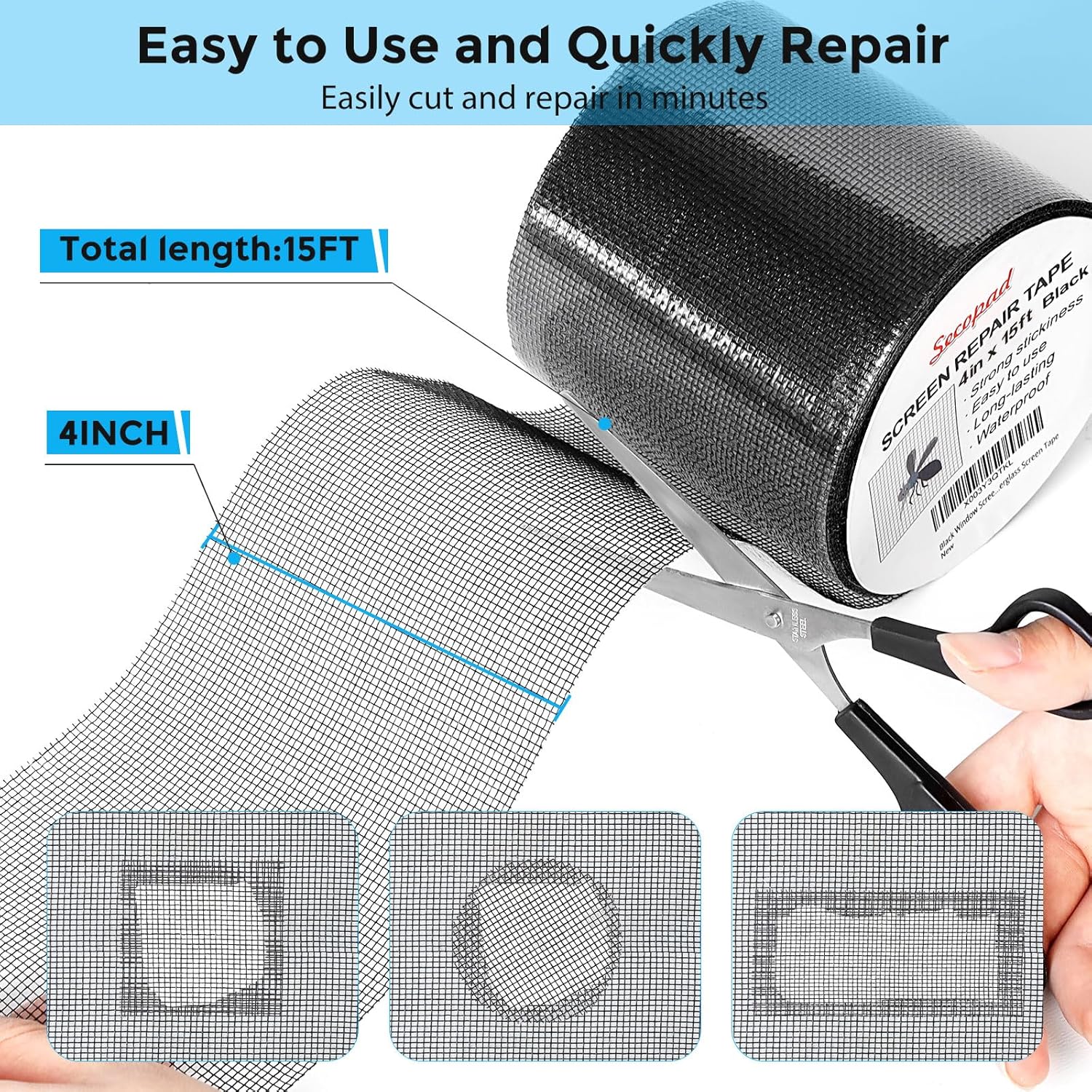 Black Window Screen Repair Tape, 4 in X 15 FT (180IN) Screen Repair Kit for Windows or Doors