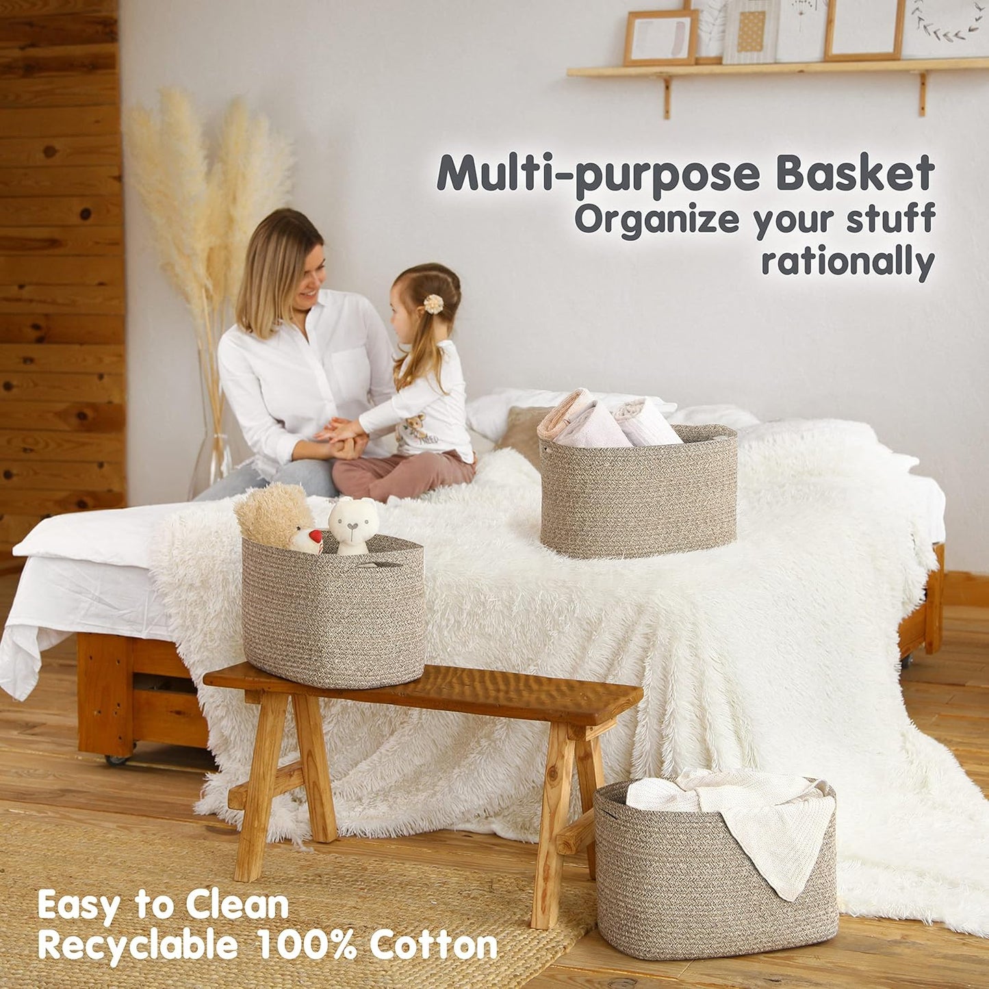 CHAT BLANC Cotton Rope Baskets for Organizing | Storage Baskets for Shelves | Rope Basket for