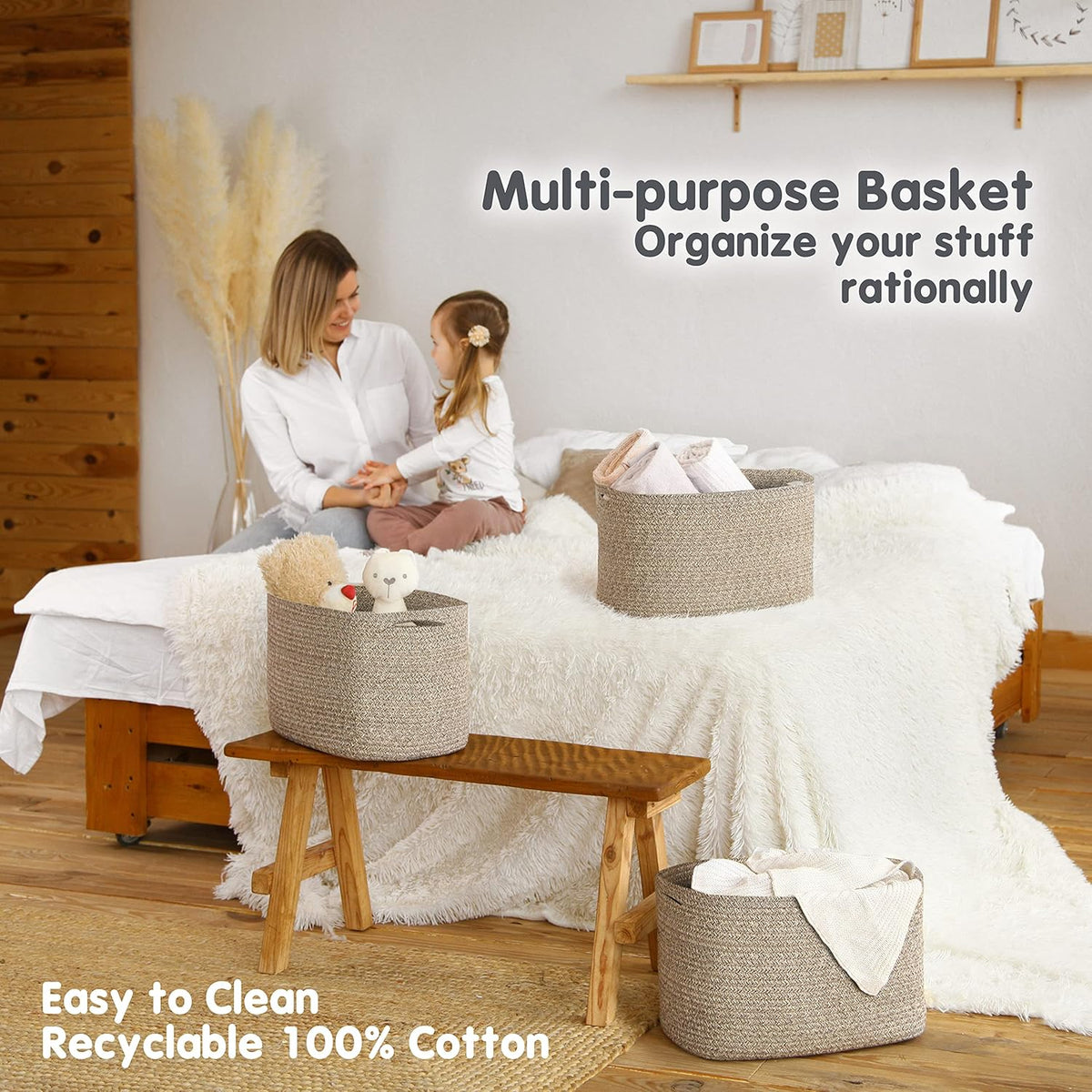 CHAT BLANC Cotton Rope Baskets for Organizing | Storage Baskets for Shelves | Rope Basket for
