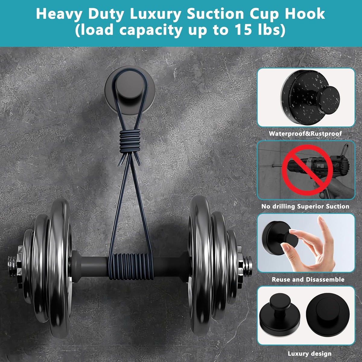Suction Cup Hooks for Shower,Removable No Drill Towel Hooks,Upgraded 15 lbs Strong Suction hooks