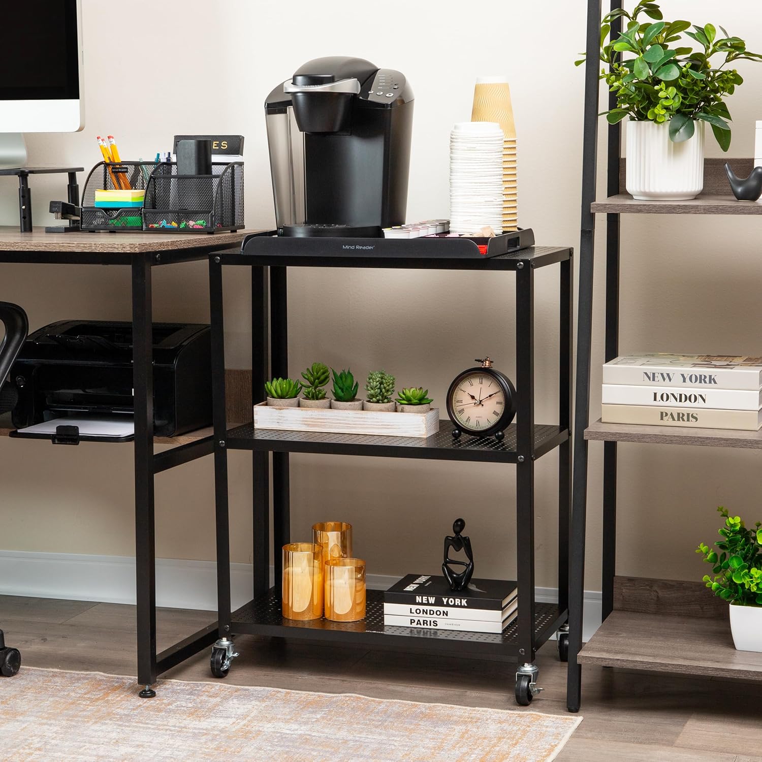 Mind Reader Rolling Cart, Rolling Cart, Microwave Stand, 3-Tier, Coffee Cart, Office, Metal, 23" L
