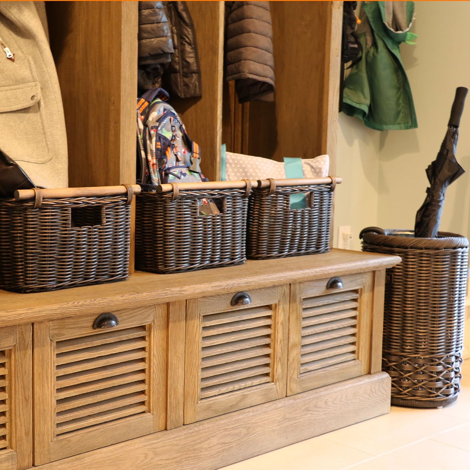 The Basket Lady Deep Pole Handle Wicker Storage Basket, Extra Large, 17.5 in L x 18 in W x 11.5 in