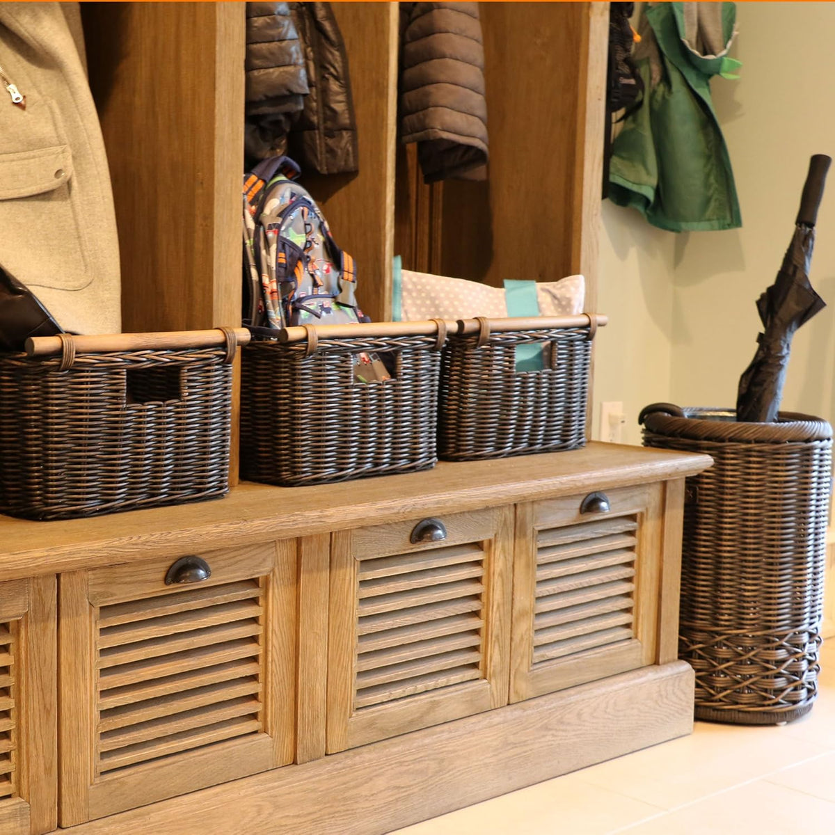 The Basket Lady Deep Pole Handle Wicker Storage Basket, Large, 15 in L x 15.5 in W x 9.5 in H