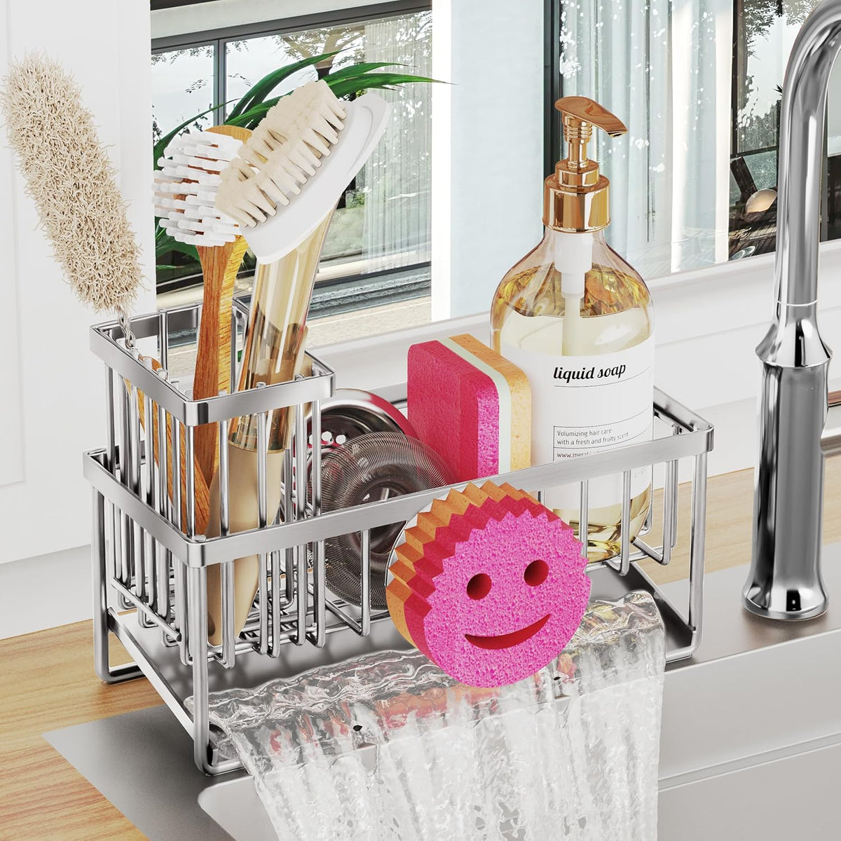 Sponge Holder for Kitchen Sink,Smiley Face Sink Caddy with Removable Brush Holder,Self-Draining