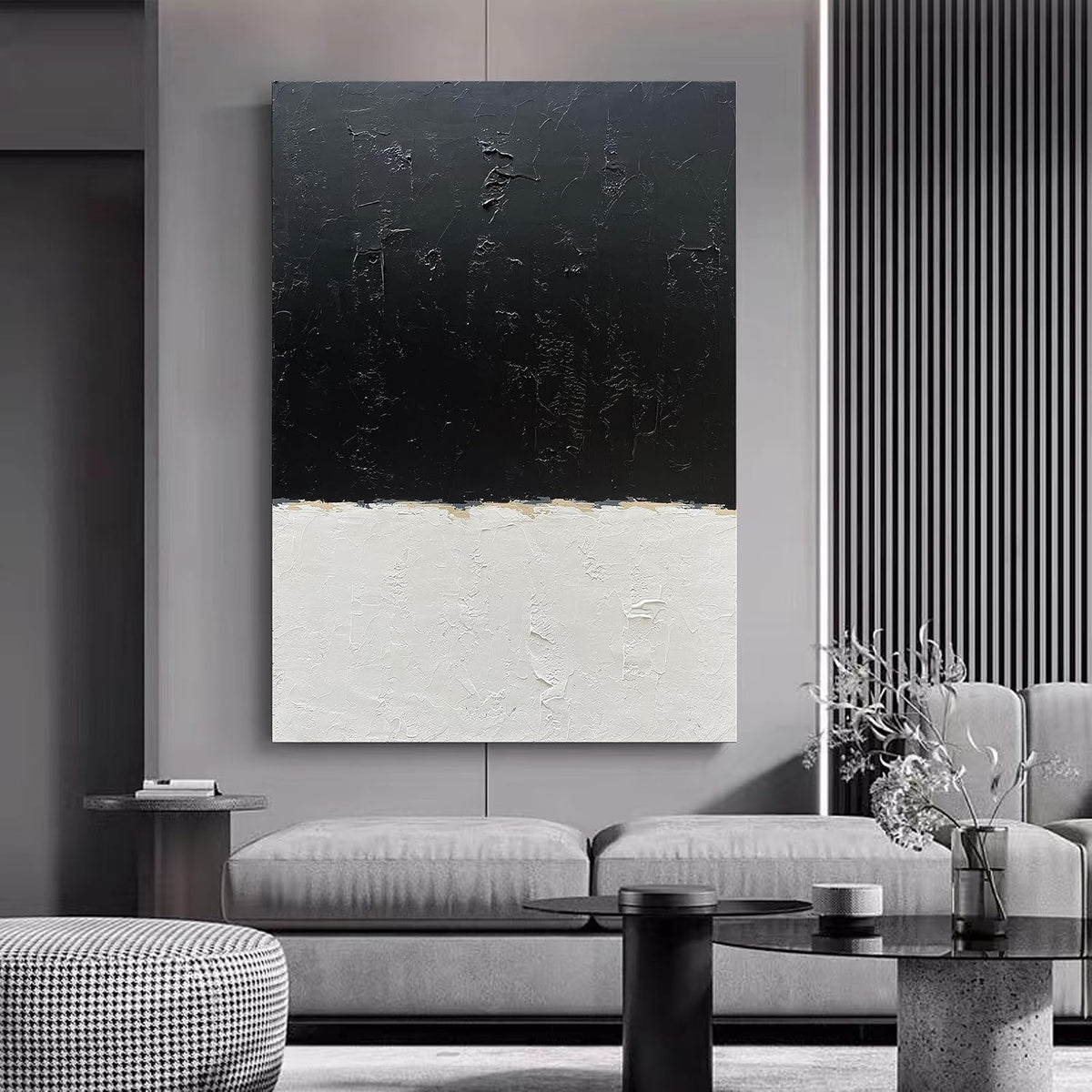 NANKAI Hand-Painted Black and White Wall Art, Minimalist Abstract Painting, Large Oil on Canvas
