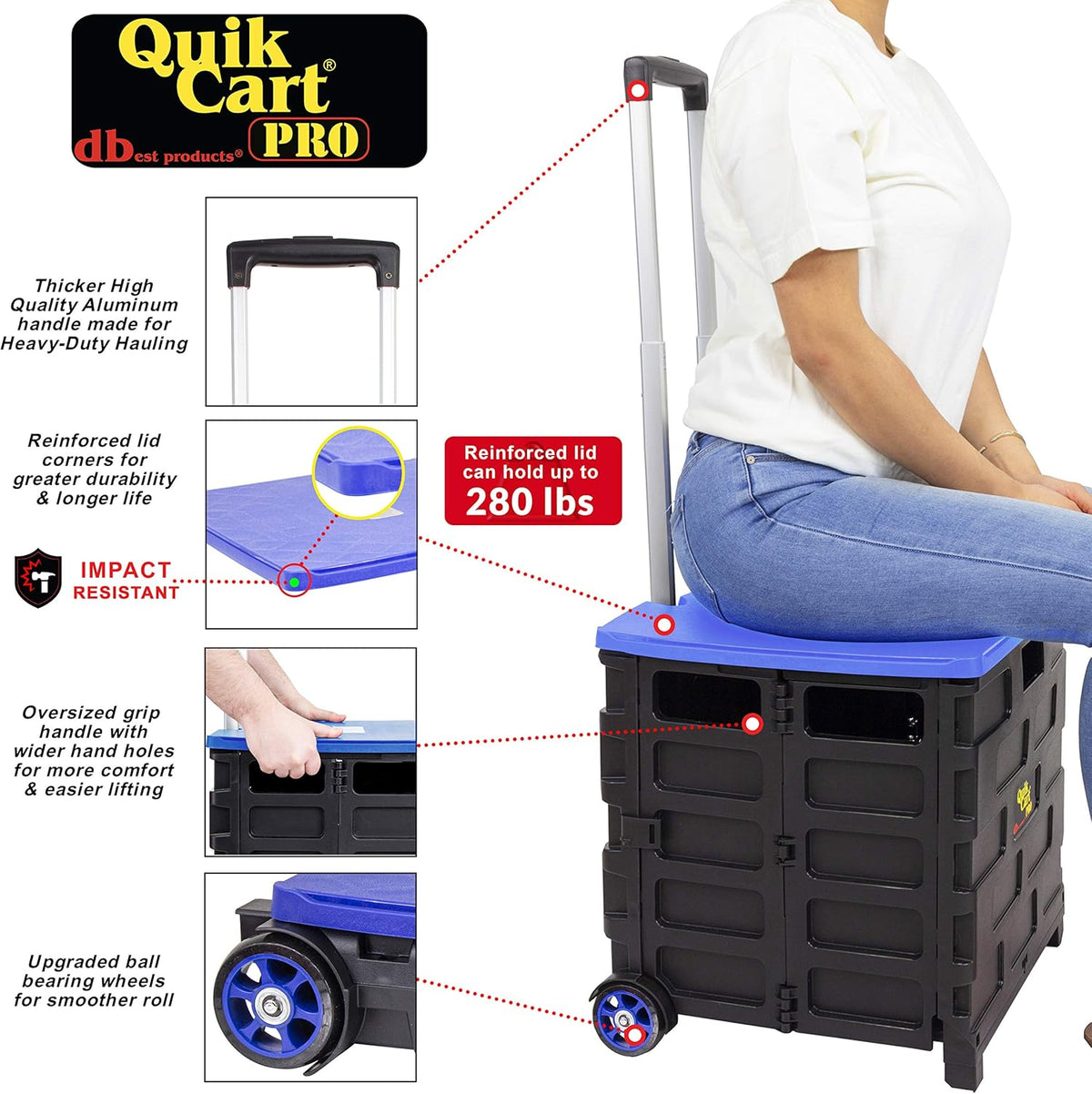 dbest products Quik Cart Pro Wheeled Rolling Crate Teacher Utility with seat Heavy Duty Collapsible