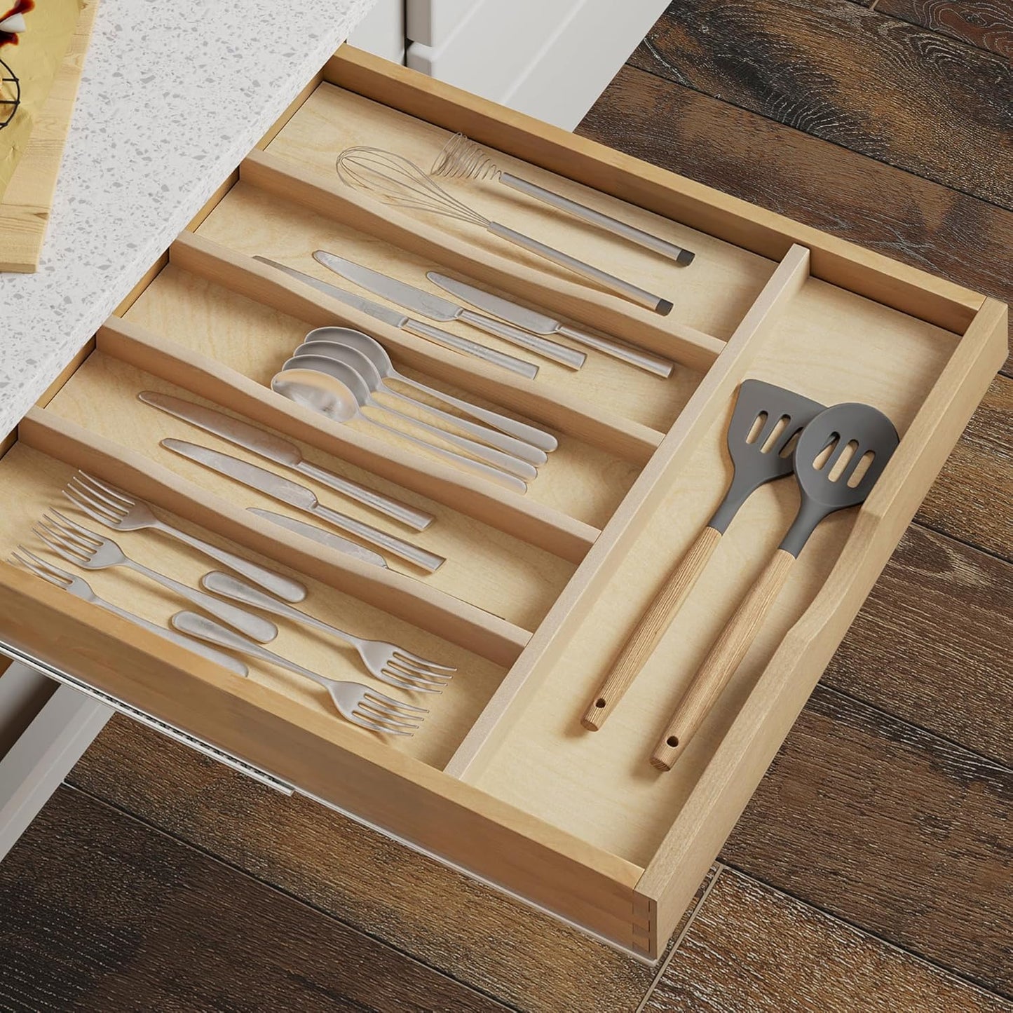 WelFurGeer Solid Birch Wood Silverware Drawer Organizer, Wooden Cutlery Drawer Organizer, Utensil