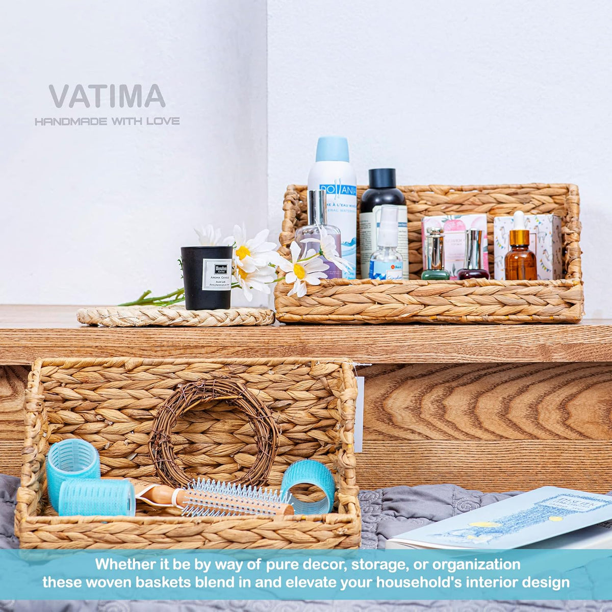 VATIMA Water Hyacinth Storage Baskets for Organizing, Medium Open-Front Wicker Basket for Kitchen
