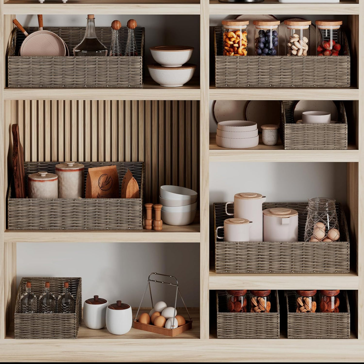 Ollieroo Rattan Storage Baskets, Handwoven Wicker Storage Bins with Built-in Handles, Storage
