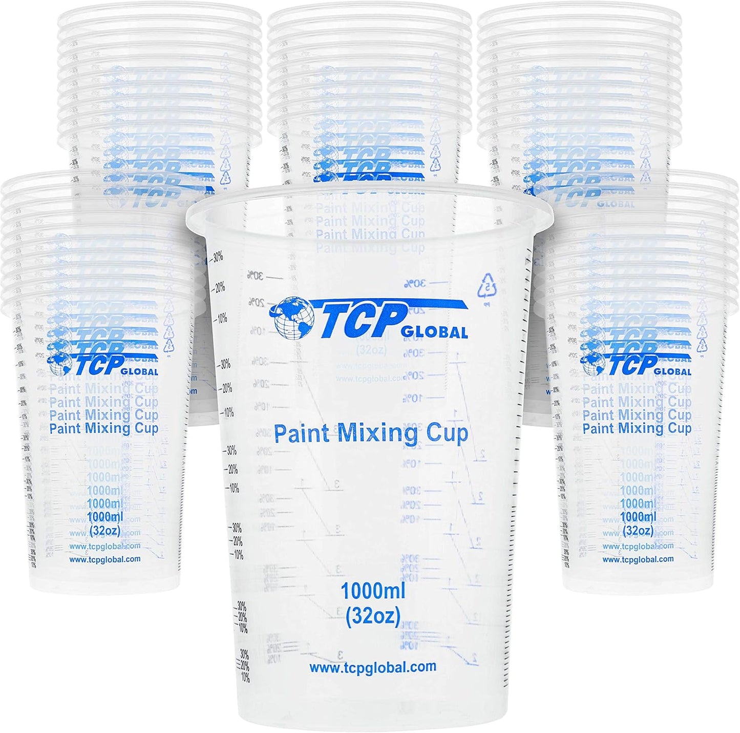 TCP Global 32 oz. (1000ml) Graduated Plastic Mixing Cups (Box of 50) - Disposable Plastic Measuring