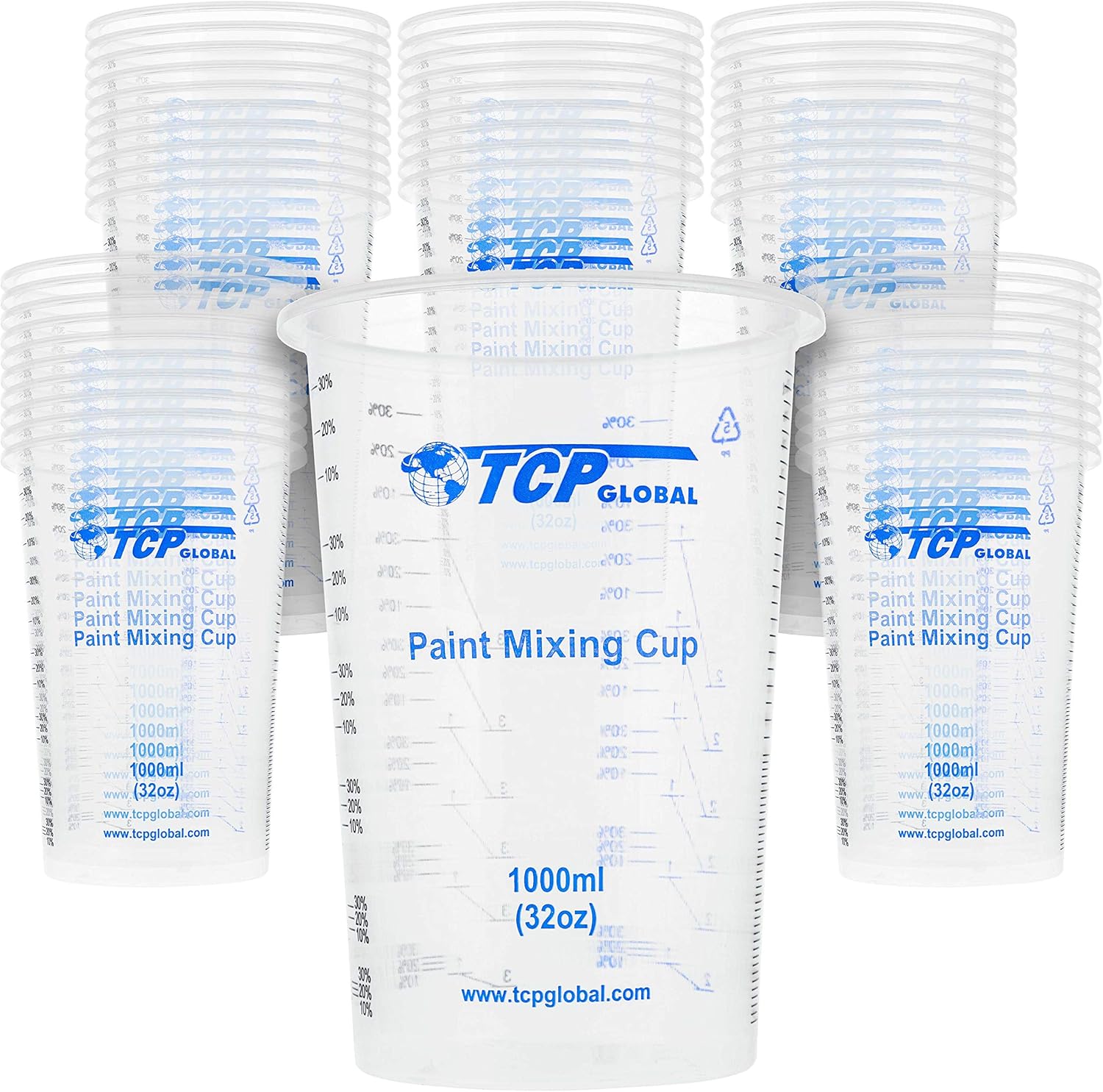TCP Global 32 oz. (1000ml) Graduated Plastic Mixing Cups (Box of 50) - Disposable Plastic Measuring