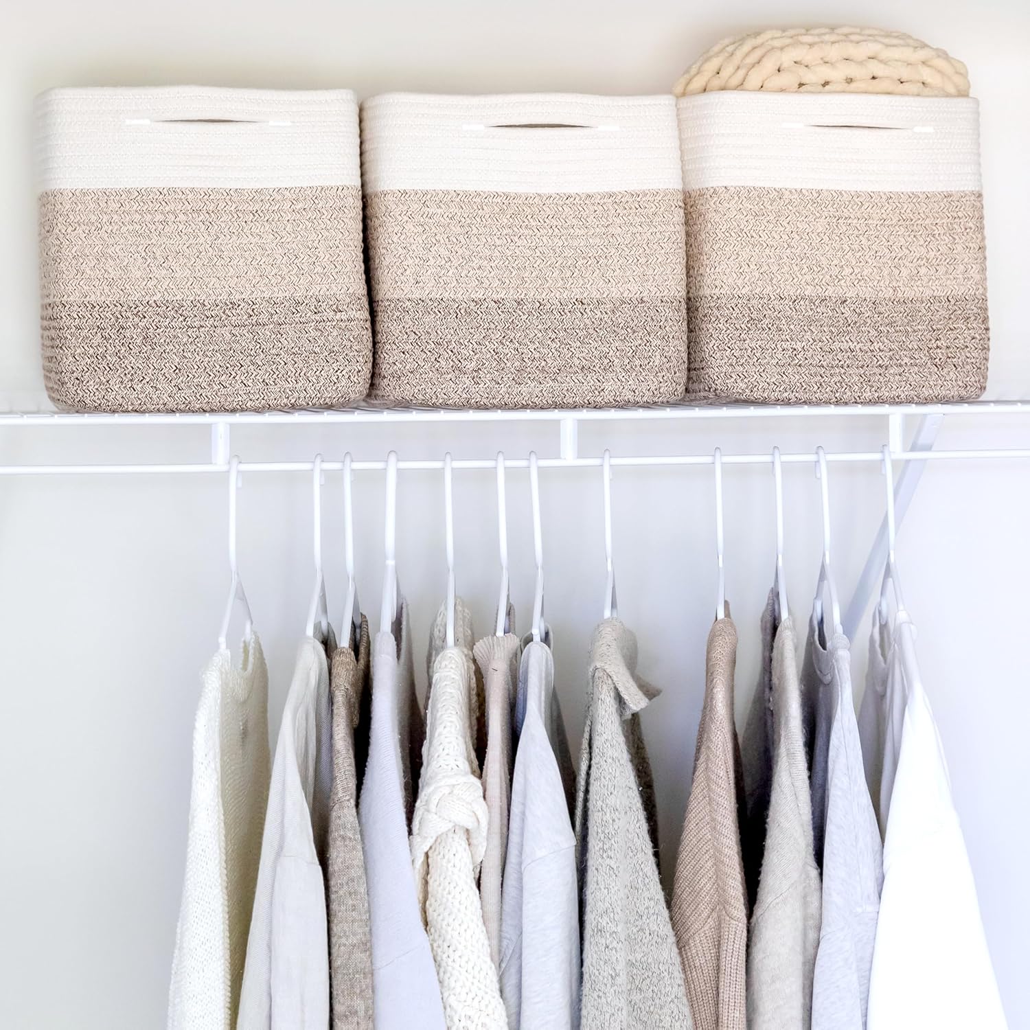 NaturalCozy Storage Cubes 11 Inch Cotton Rope Woven Baskets for Organizing, 3-Pack | Cube Storage