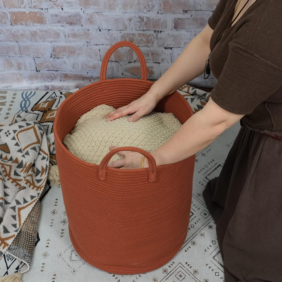 Cotton Rope Laundry Basket Hamper for Clothes Woven Storage Basket for Living Room Bedroom Boho