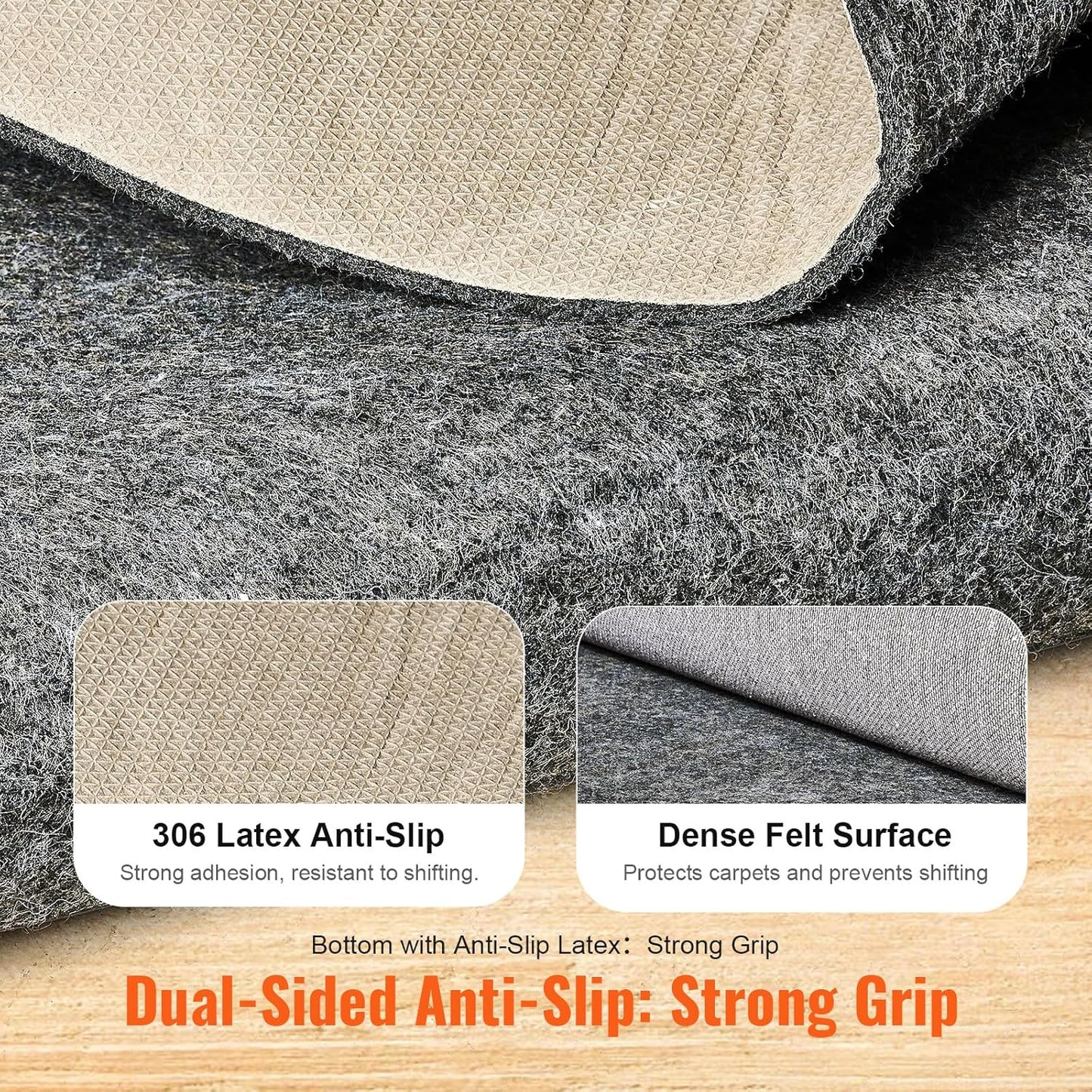 VEVOR Slip-Resistant Rug Pad, Protective Cushioning Carpet Pad, 2'x8' (7.87' Actual) - 1/4"Thick