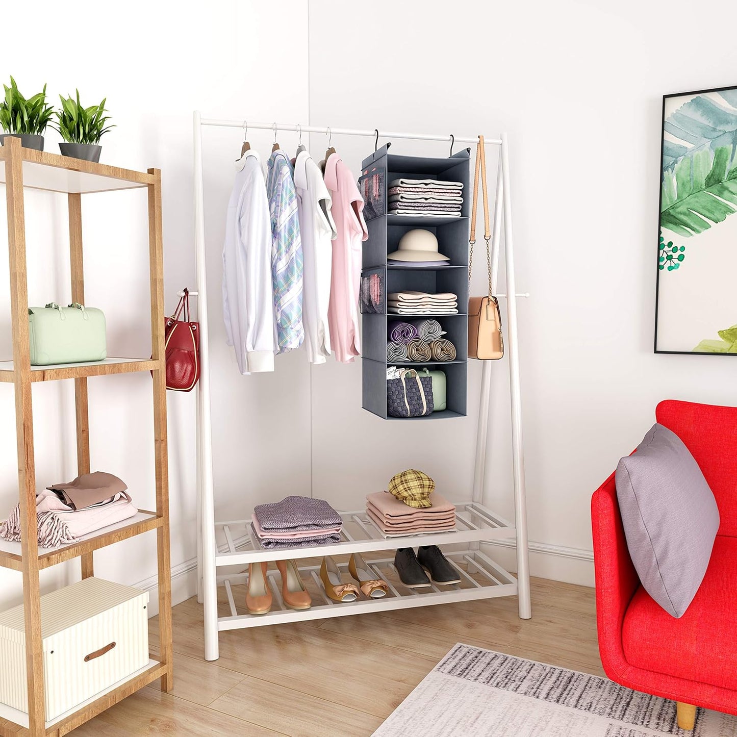 MAX Houser 5 Shelf Hanging Closet Organizer, Space Saver, Cloth Hanging Shelves with 4 Side
