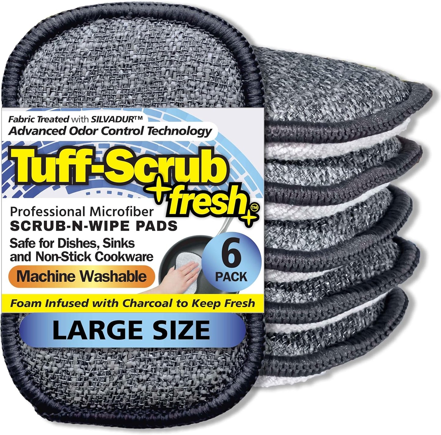 Fresh Scrub-N-Wipe Pad by Tuff-Scrub, 6-Pack, Antimicrobial & Charcoal Foam for Odor Control