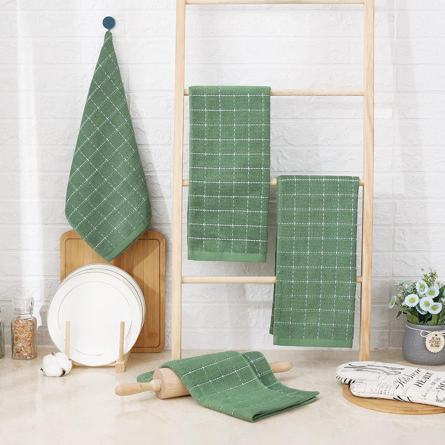 Homaxy 100% Cotton Terry Kitchen Towels(Grass Green, 13 x 28 inches), Checkered Designed, Soft and