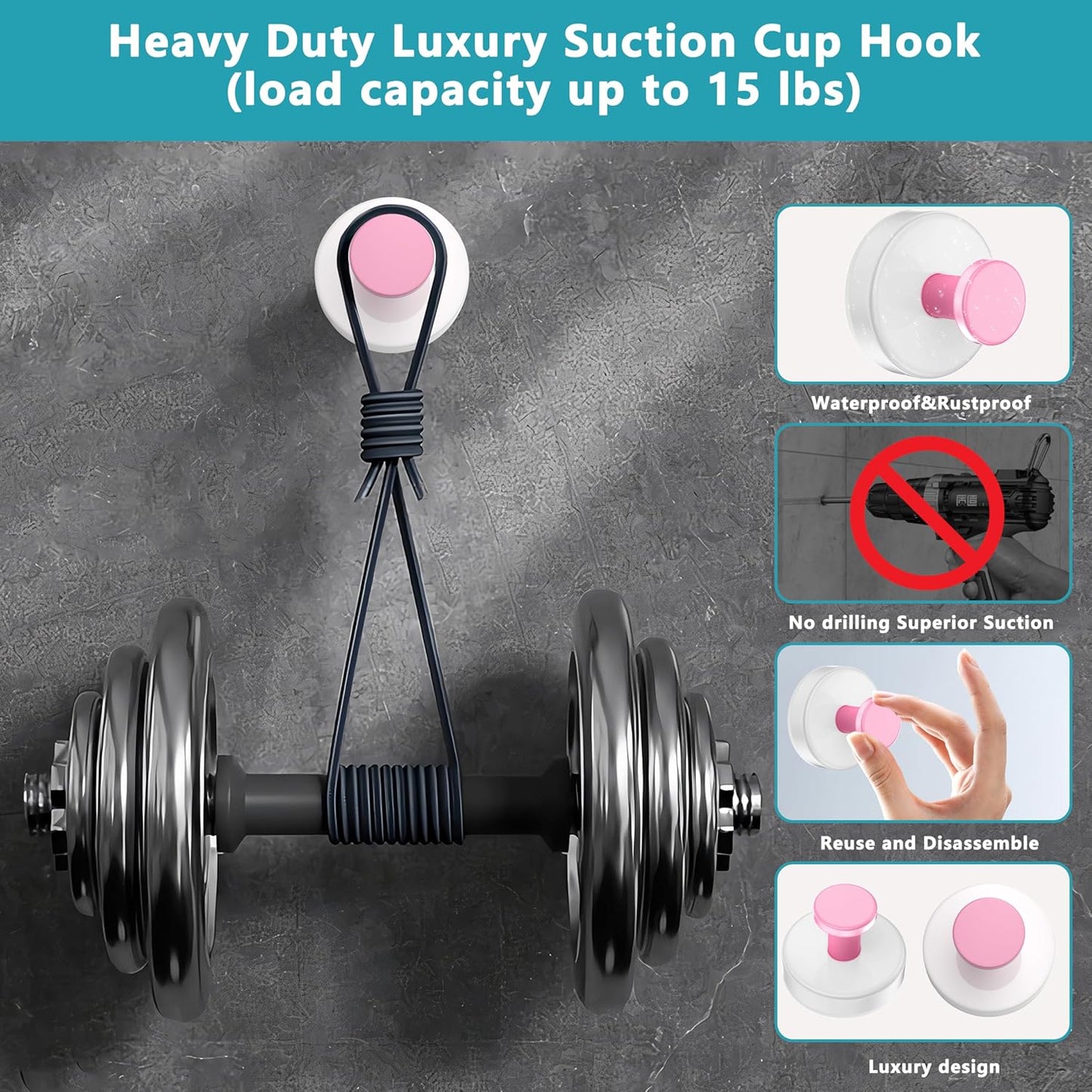 Suction Cup Hooks for Shower,Removable No Drill Towel Hooks,Upgraded 15 lbs Strong Suction hooks