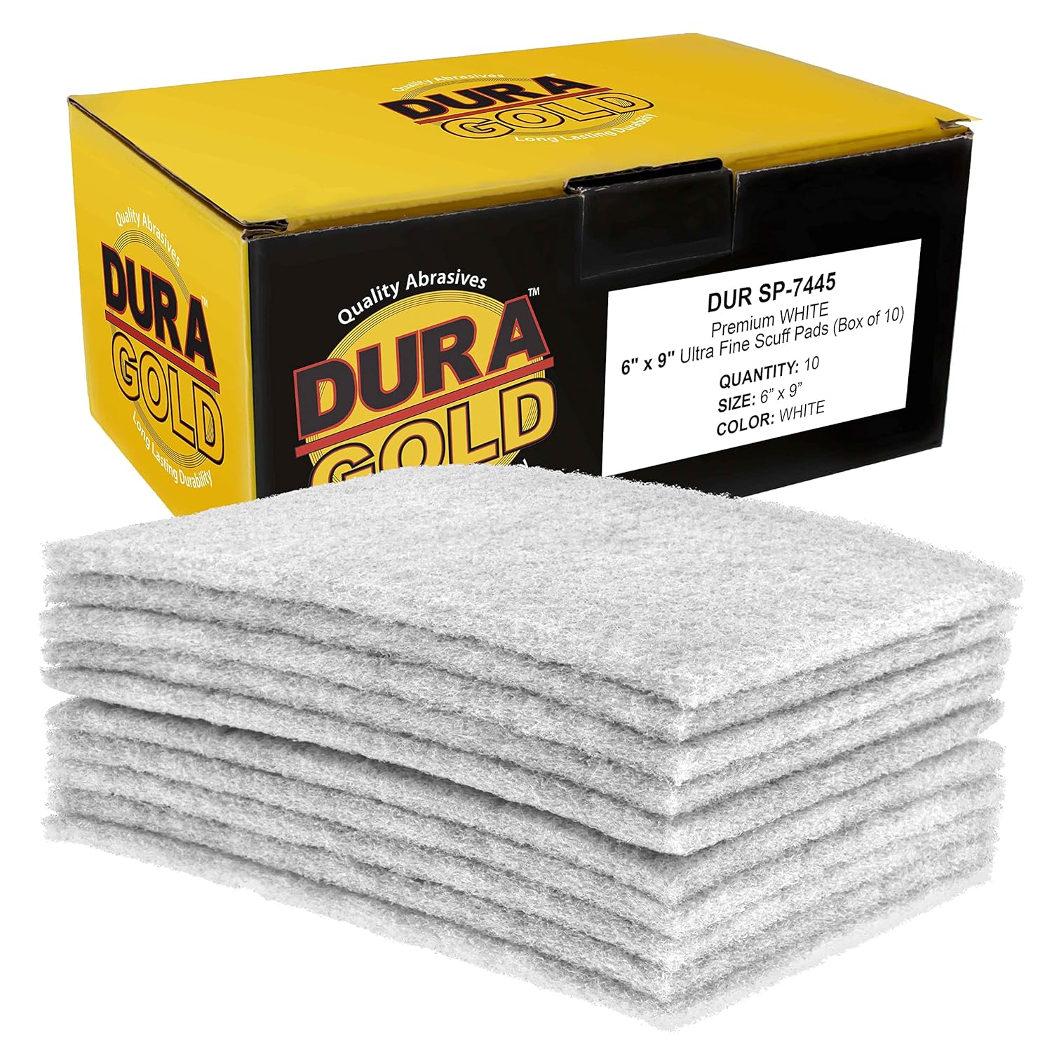 Dura-Gold Premium 6" x 9" White Light Duty Scuff Pads, Box of 10 - Final Scuffing, Scouring