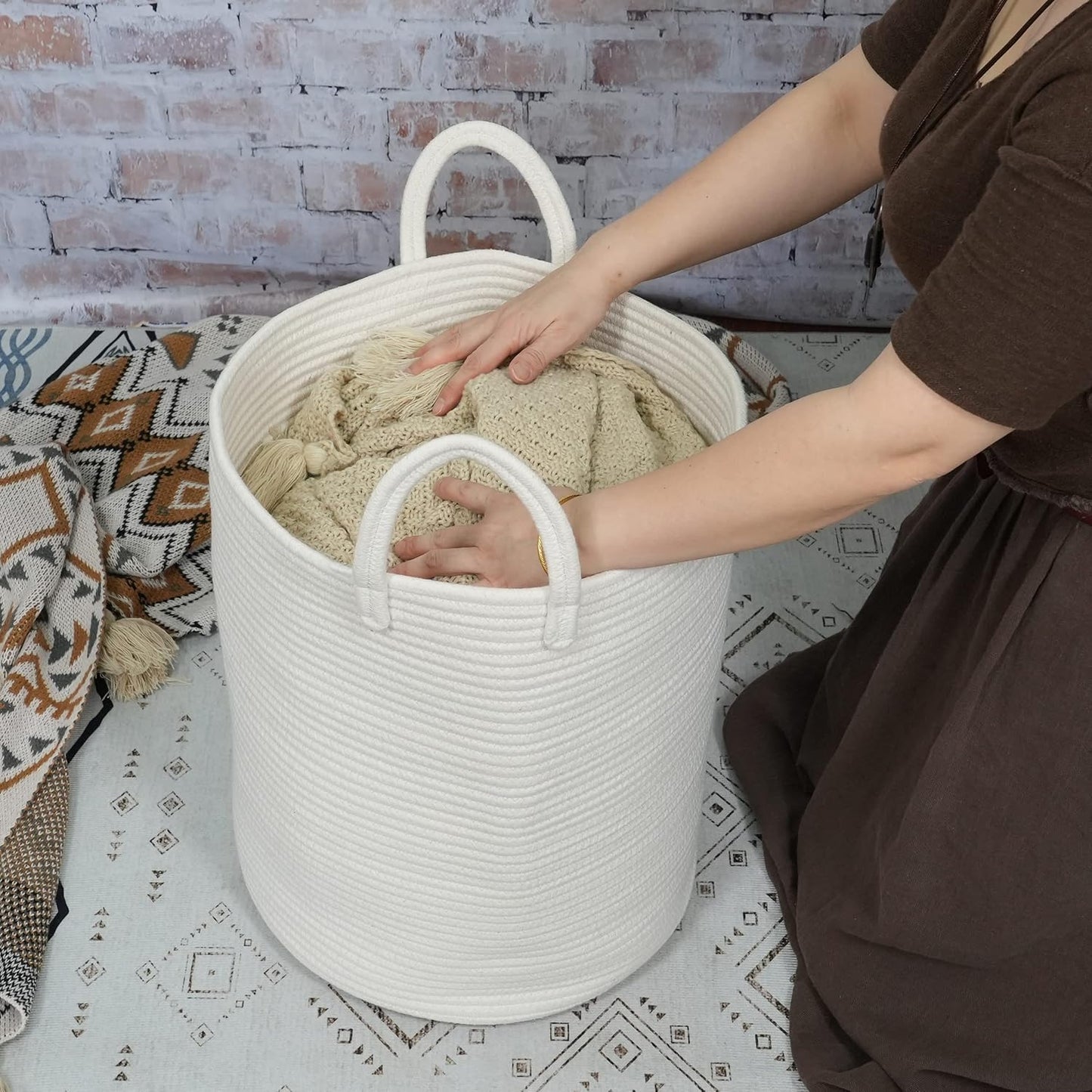 Cotton Rope Laundry Basket Hamper for Clothes Decorative Woven Storage Basket for Living Room