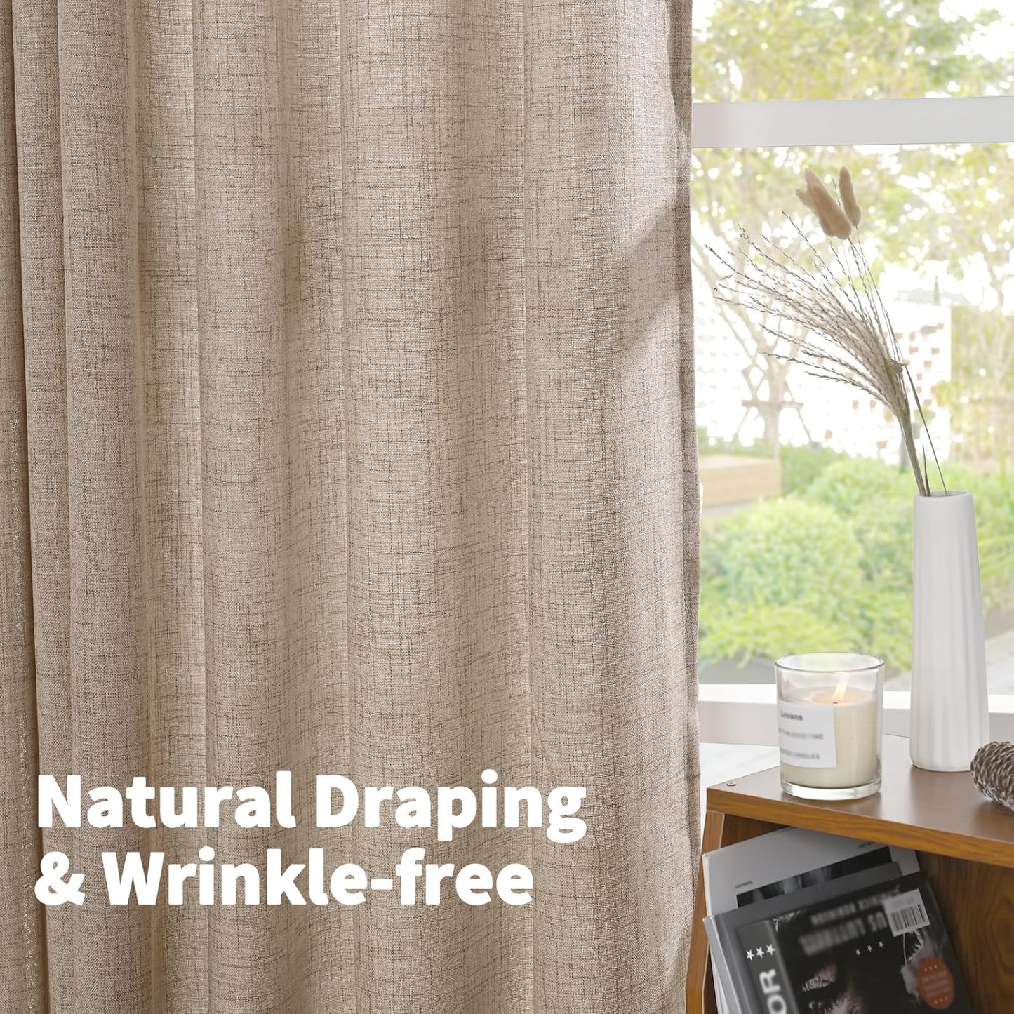 YoungsTex Oatmeal Linen Semi Sheer Curtains 63 Inch Length for Living Room, Light Filtering Window