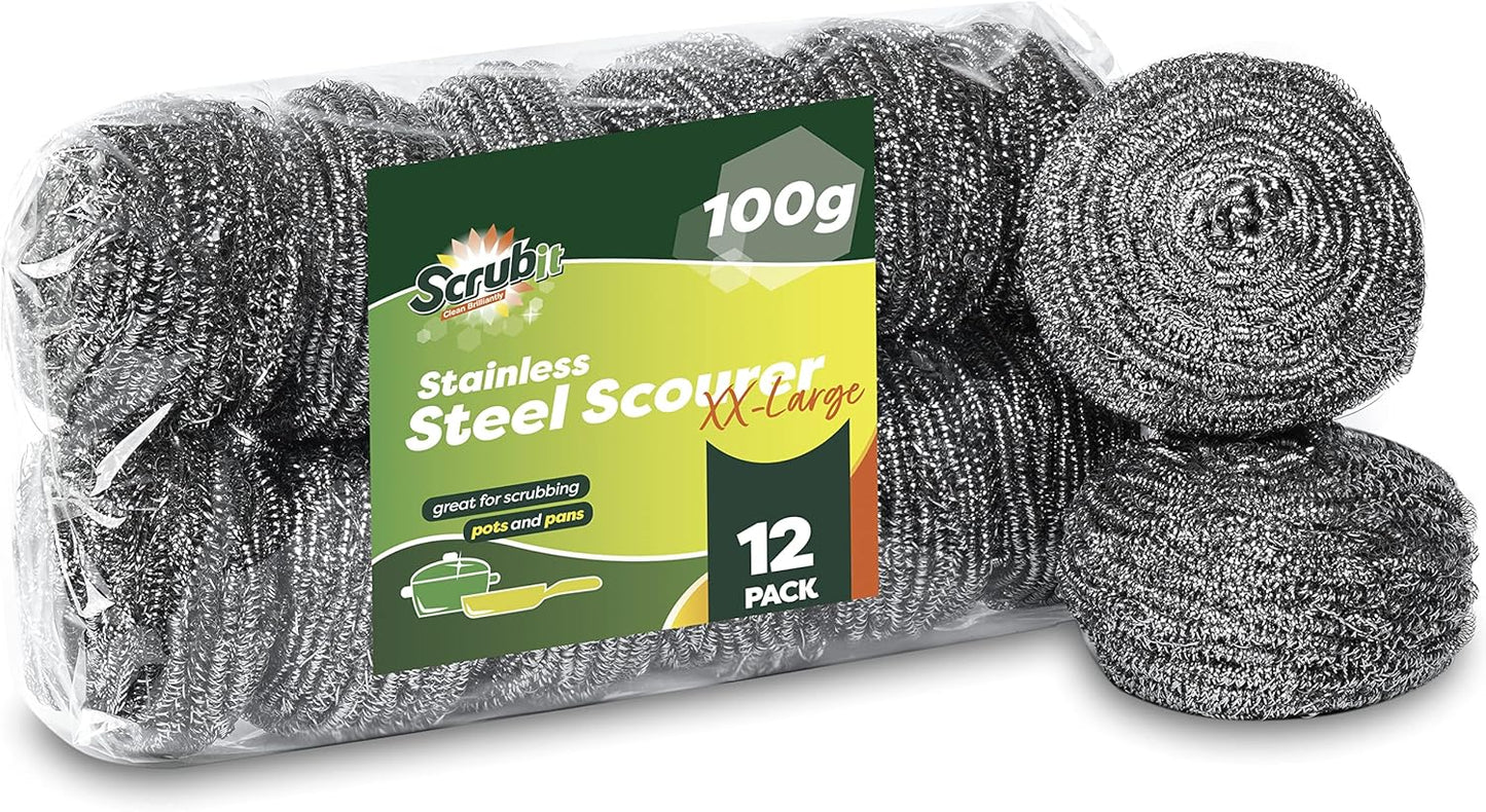 12 Pack Stainless Steel Scourers by Scrub It – Steel Wool Scrubber Pad Used for Dishes, Pots, Pans